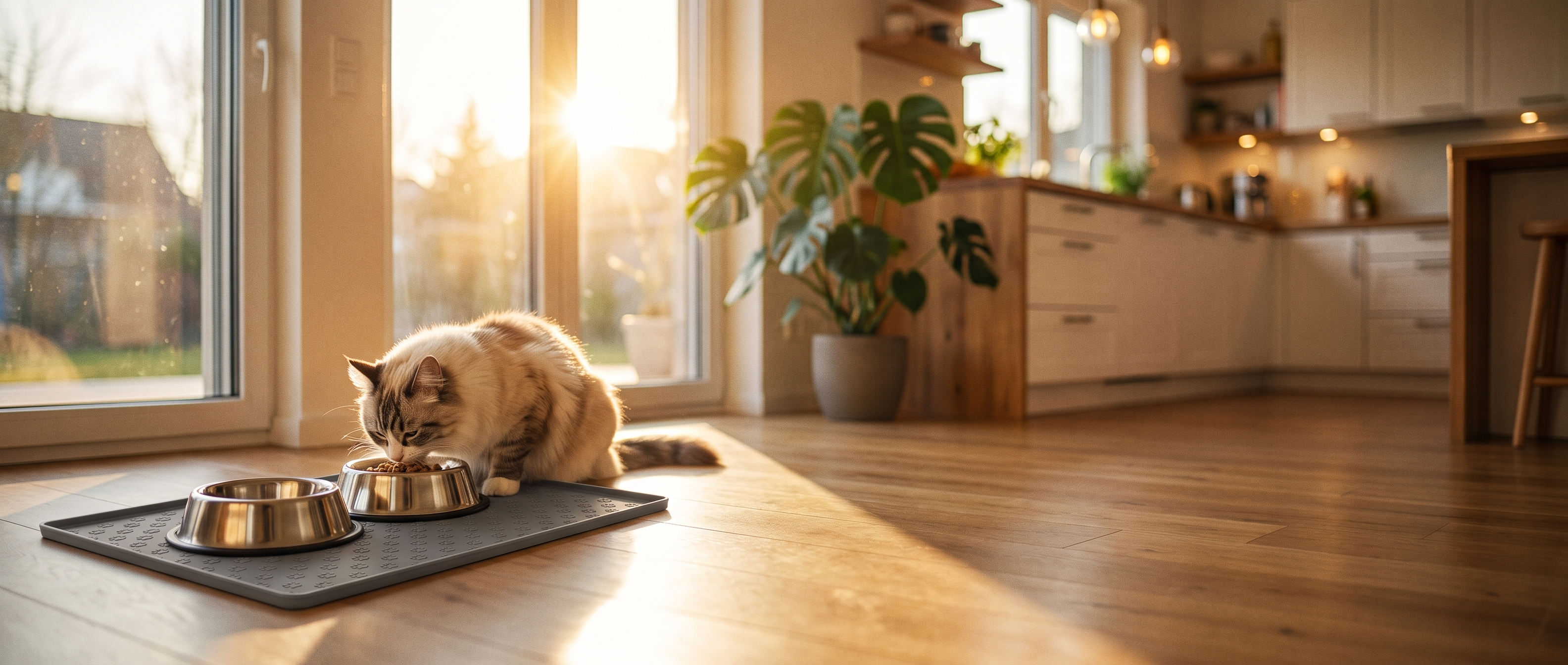 Purrela Mesa feeding mat in sunlit kitchen banner