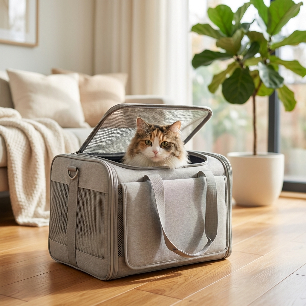 Cat peeking out the top opening of the grey Purrela Sojourn carrier