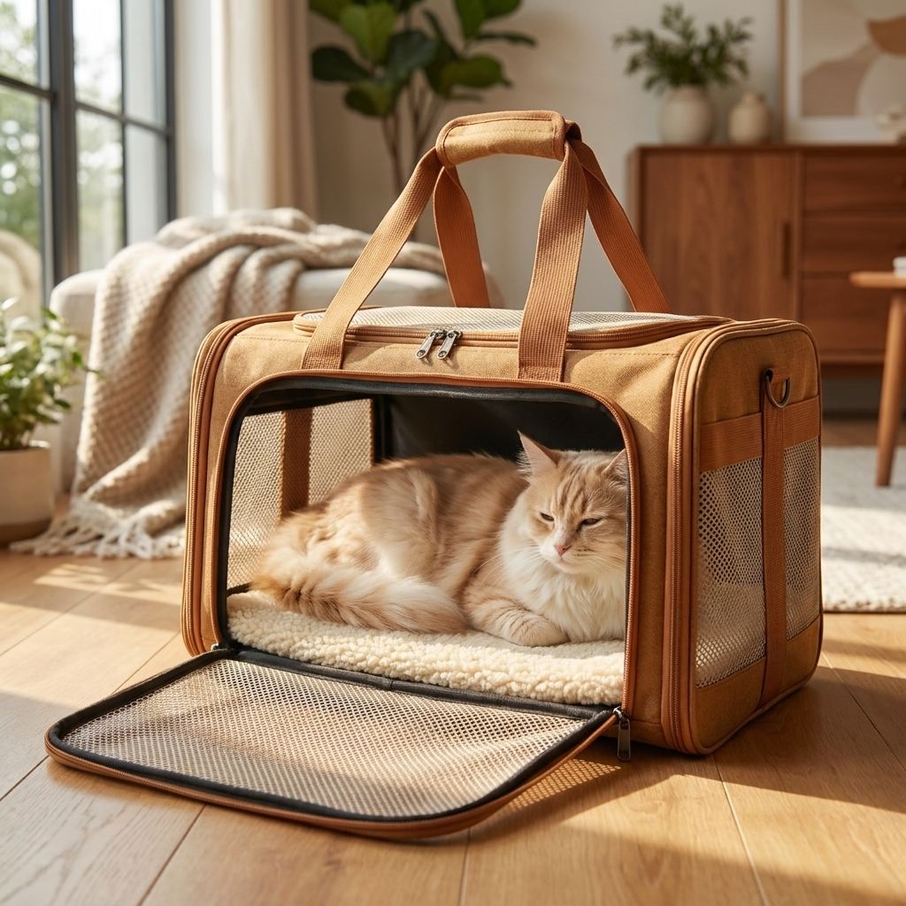 Cat resting inside the brown Purrela Sojourn carrier on the sherpa mat