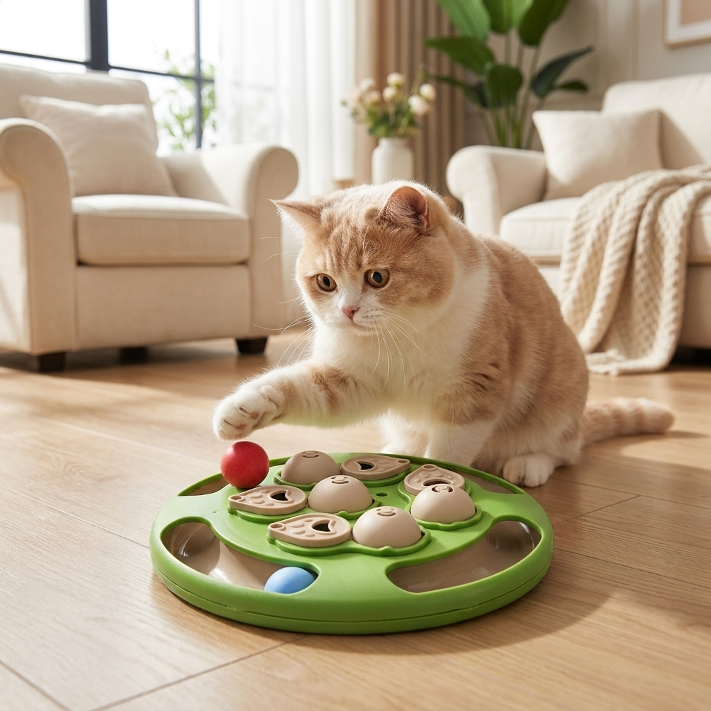 Cat batting a ball in the track of the green Purrela Quest puzzle board