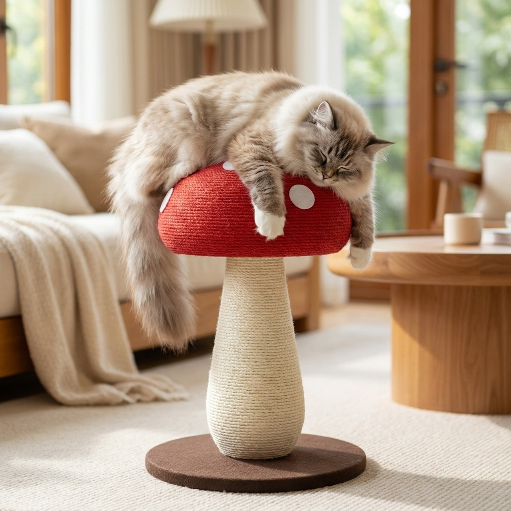 Cat lounging on the red rope cap of the Purrela Toadstool post