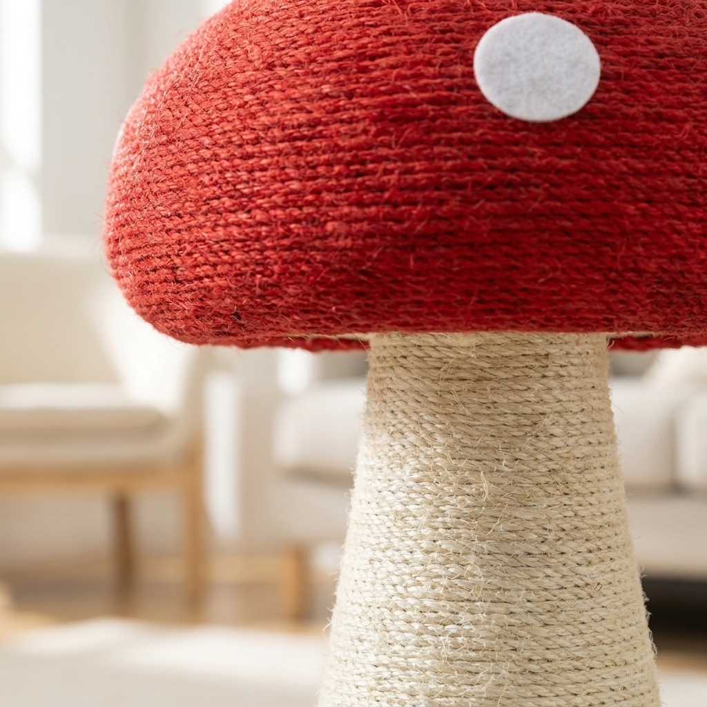 Close-up of the red sisal-rope cap and cream rope stem of the Purrela Toadstool