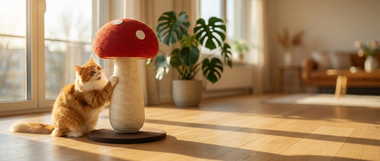 Cat scratching the Purrela Toadstool mushroom post in a sunlit room banner