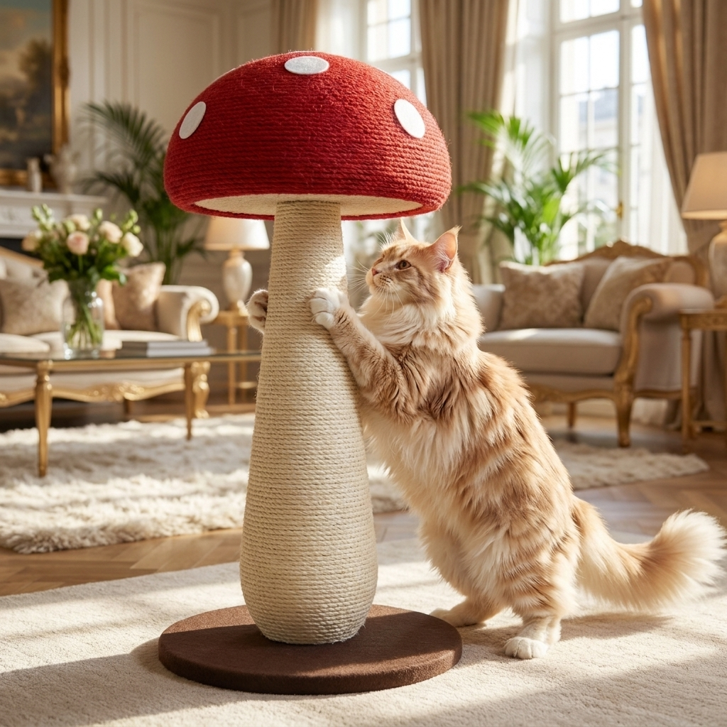 Cat reaching up to scratch the Purrela Toadstool mushroom post
