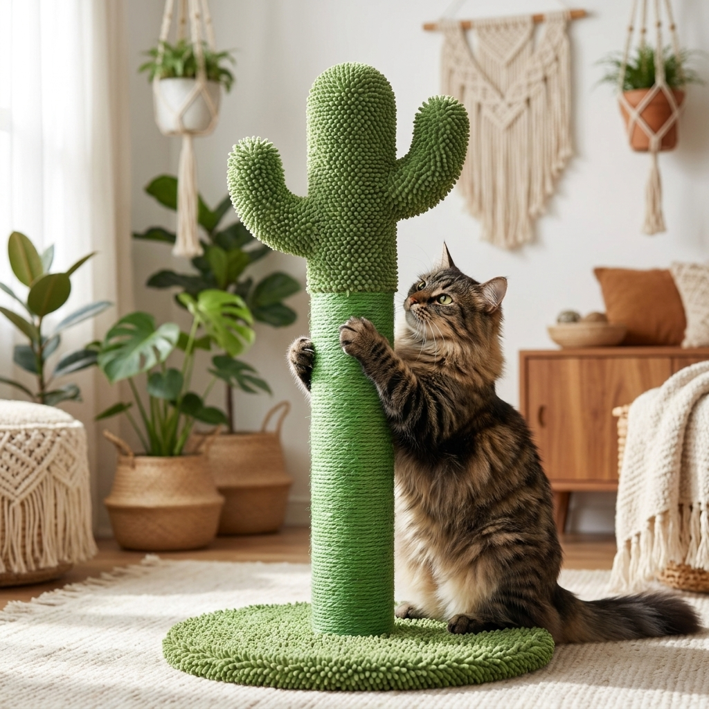 Cat scratching the green sisal post of the Purrela Saguaro cactus scratcher