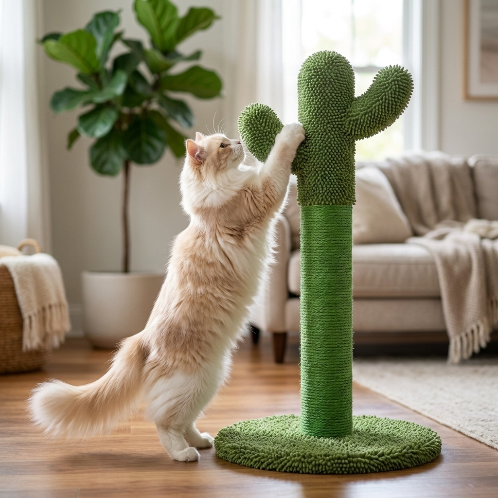 Cat reaching up to the arms of the Purrela Saguaro cactus scratching post