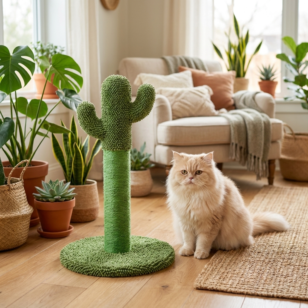 Purrela Saguaro cactus scratching post styled in a boho living-room corner with a cat