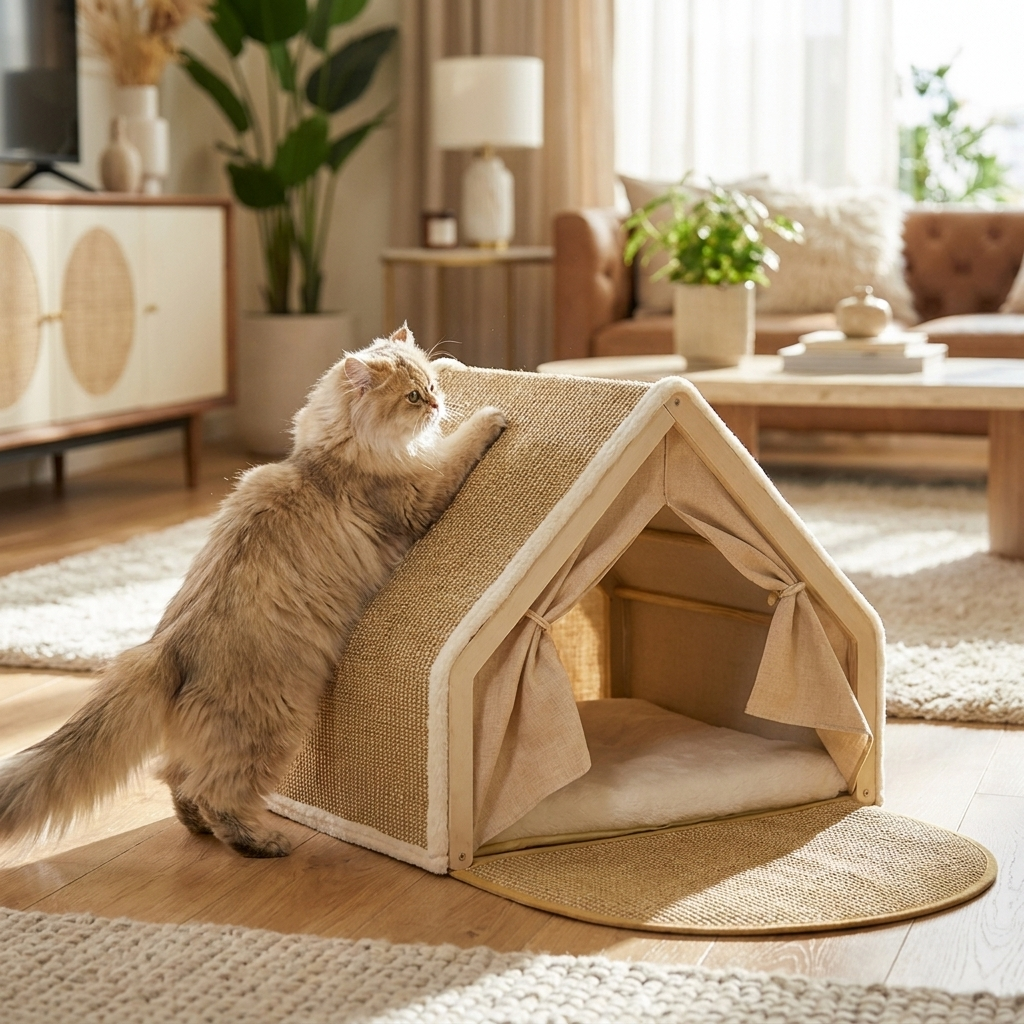Cat scratching the sisal roof of the Purrela Gable cat house