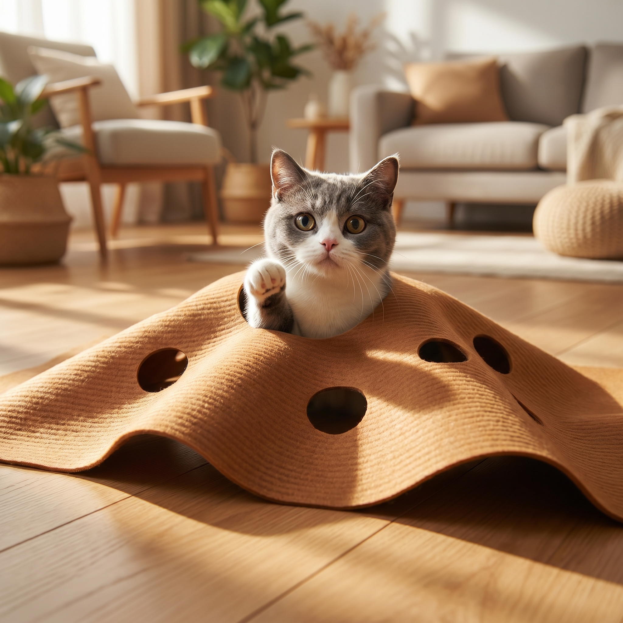 Cat pops its head through a hole in the Warren activity play mat