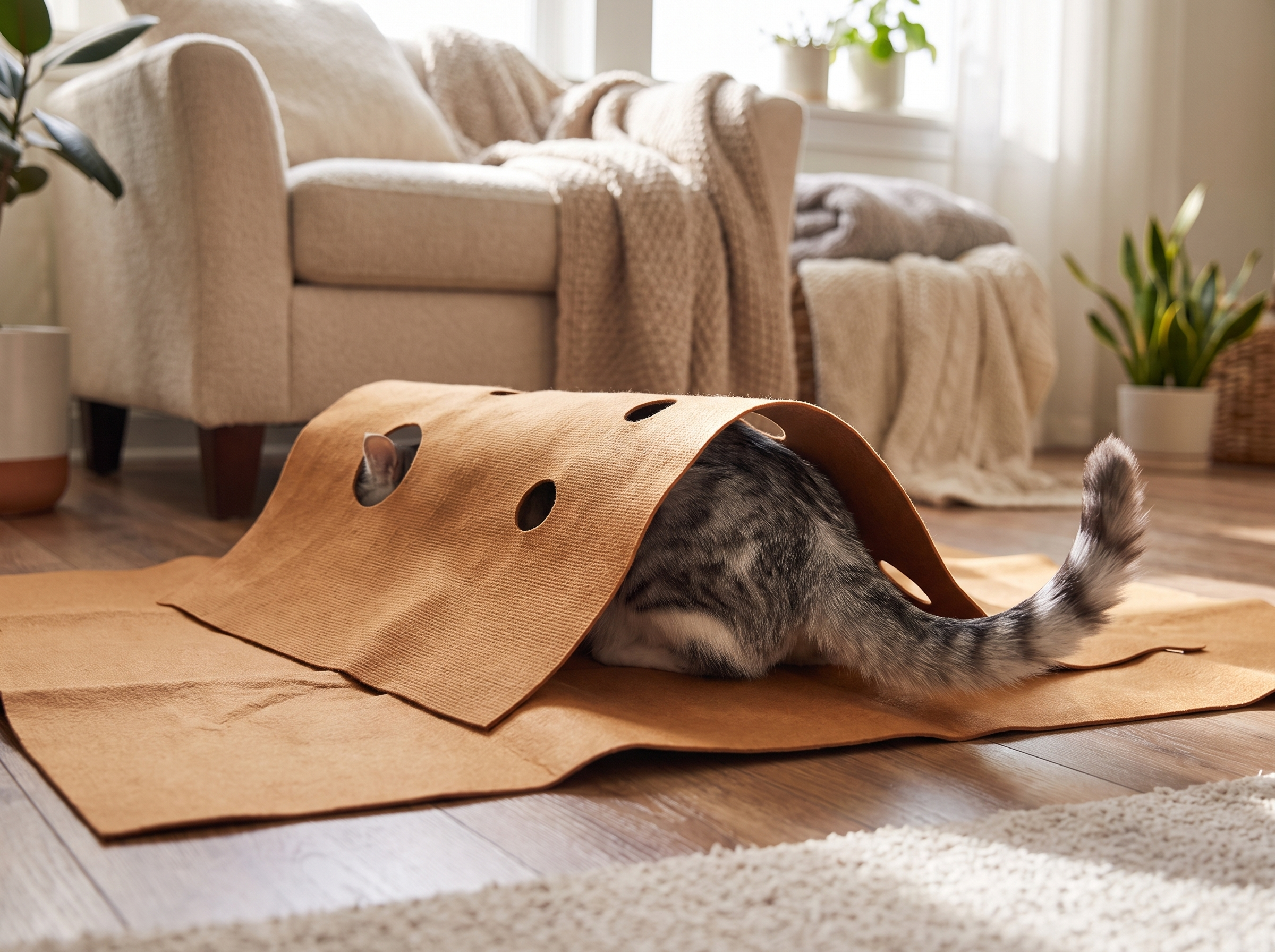 Cat burrows under the draped tunnel of the Warren cat play mat