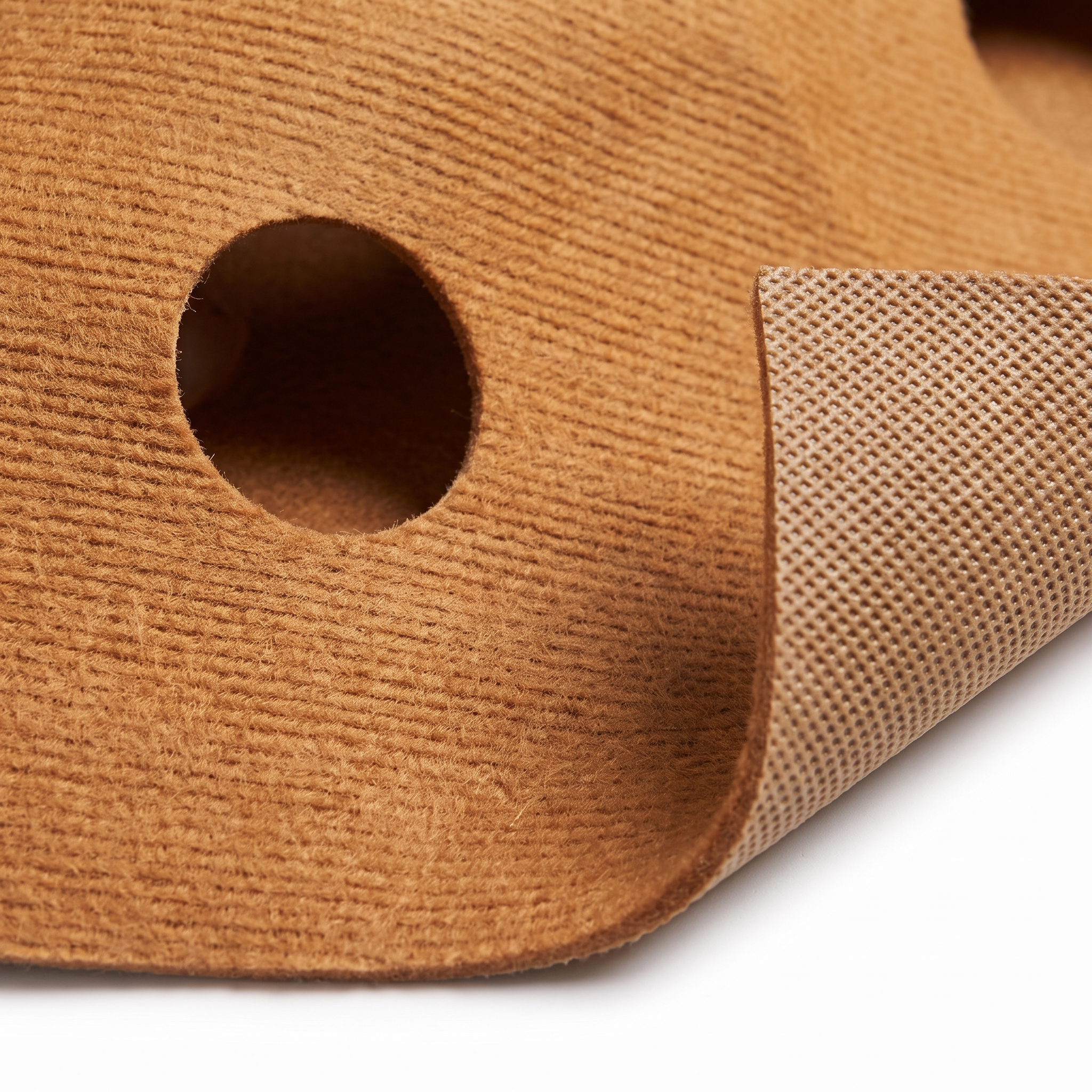 Macro detail of ribbed needle-punch carpet and non-slip backing