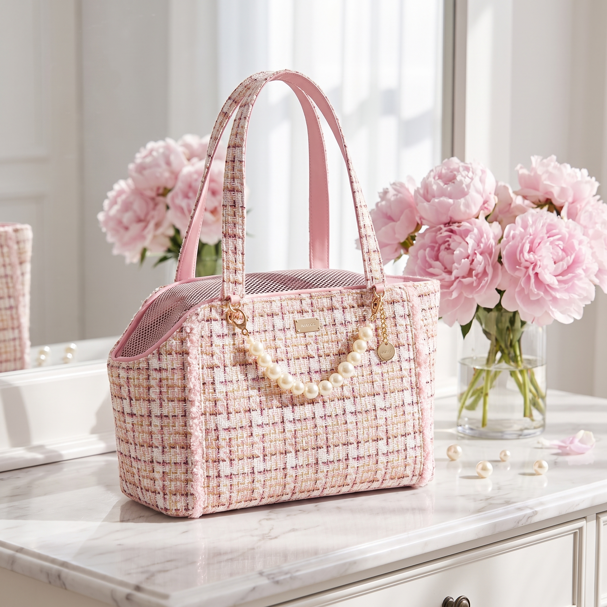 Pink Coquette tweed cat carrier tote styled with peonies on a marble vanity