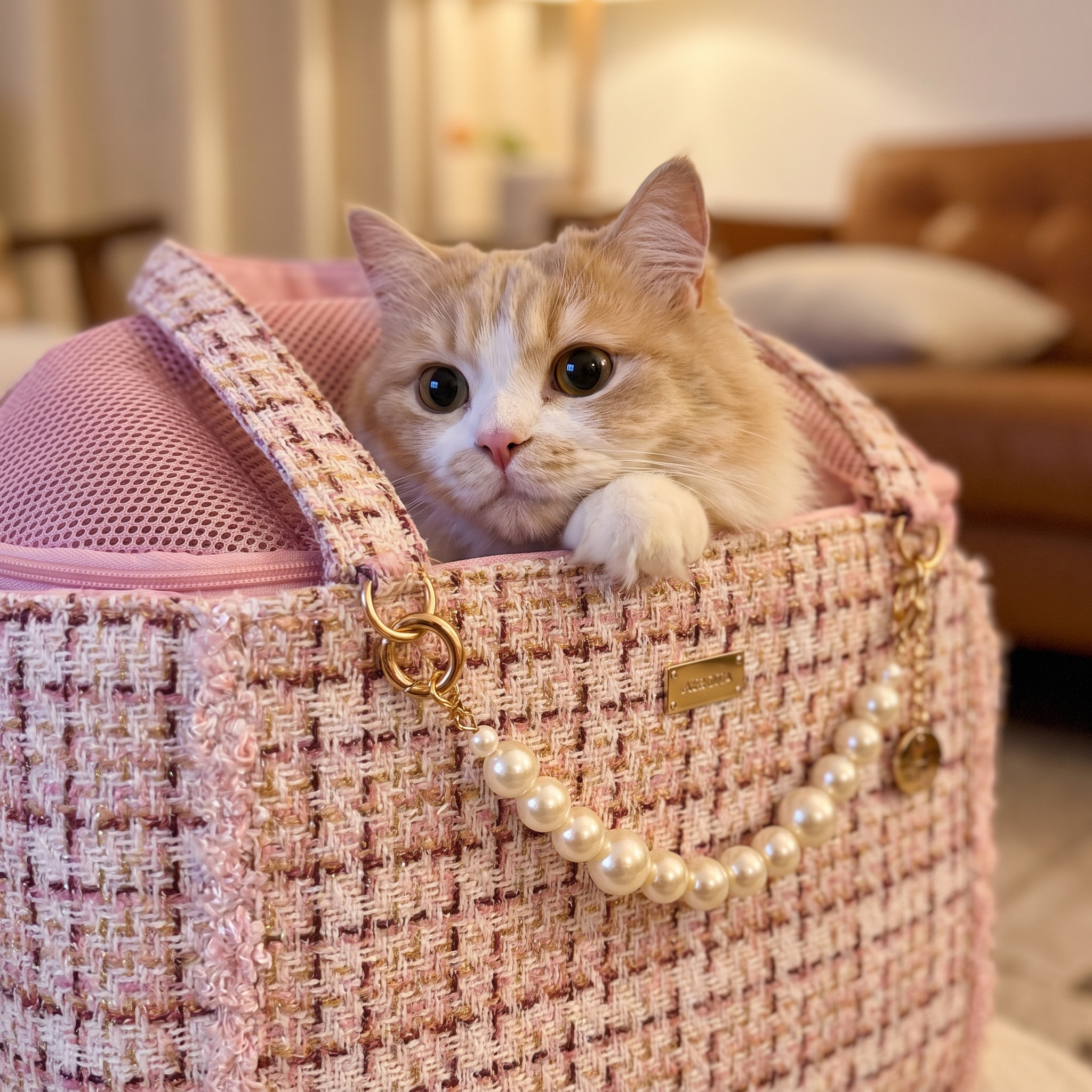 Cat peeking out over the top of the pink Coquette tweed cat carrier tote
