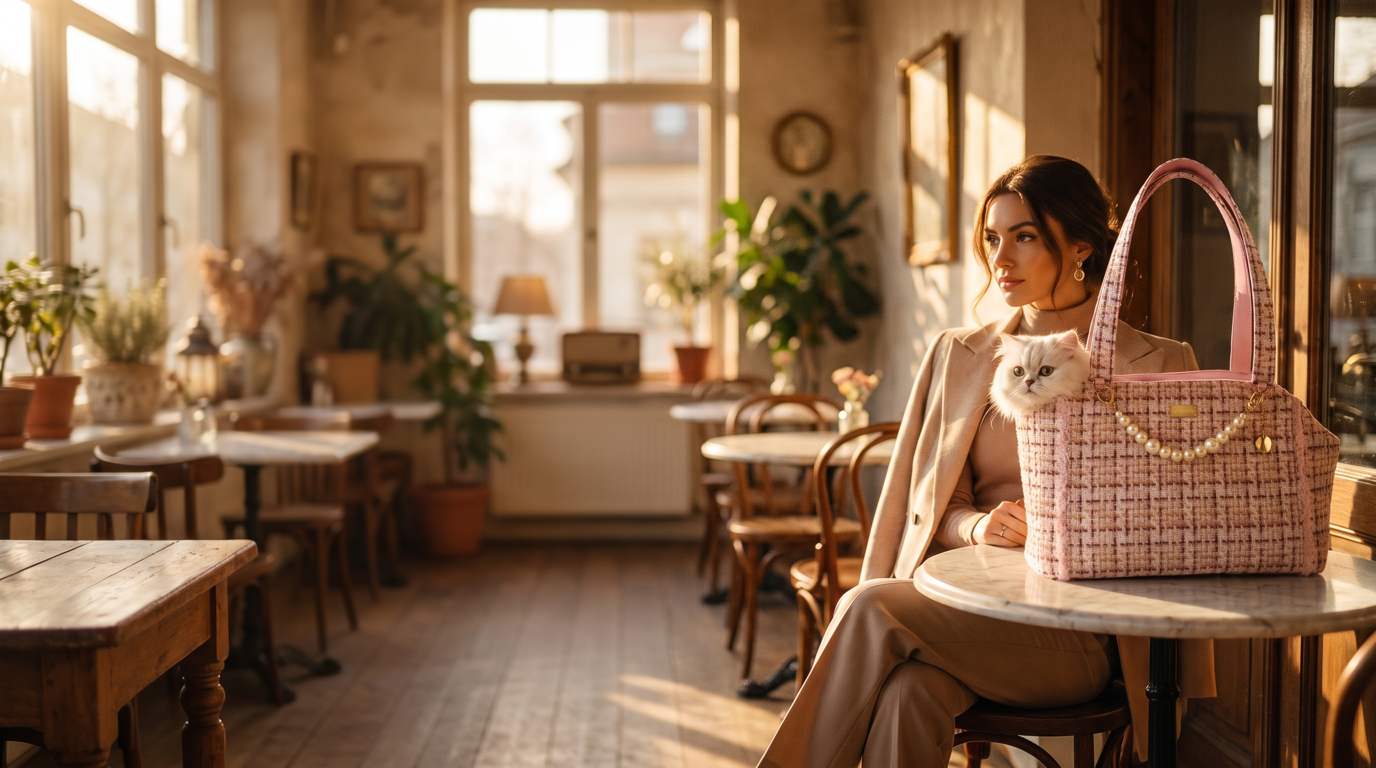 Woman at a cafe with the Coquette cat carrier tote and her cat