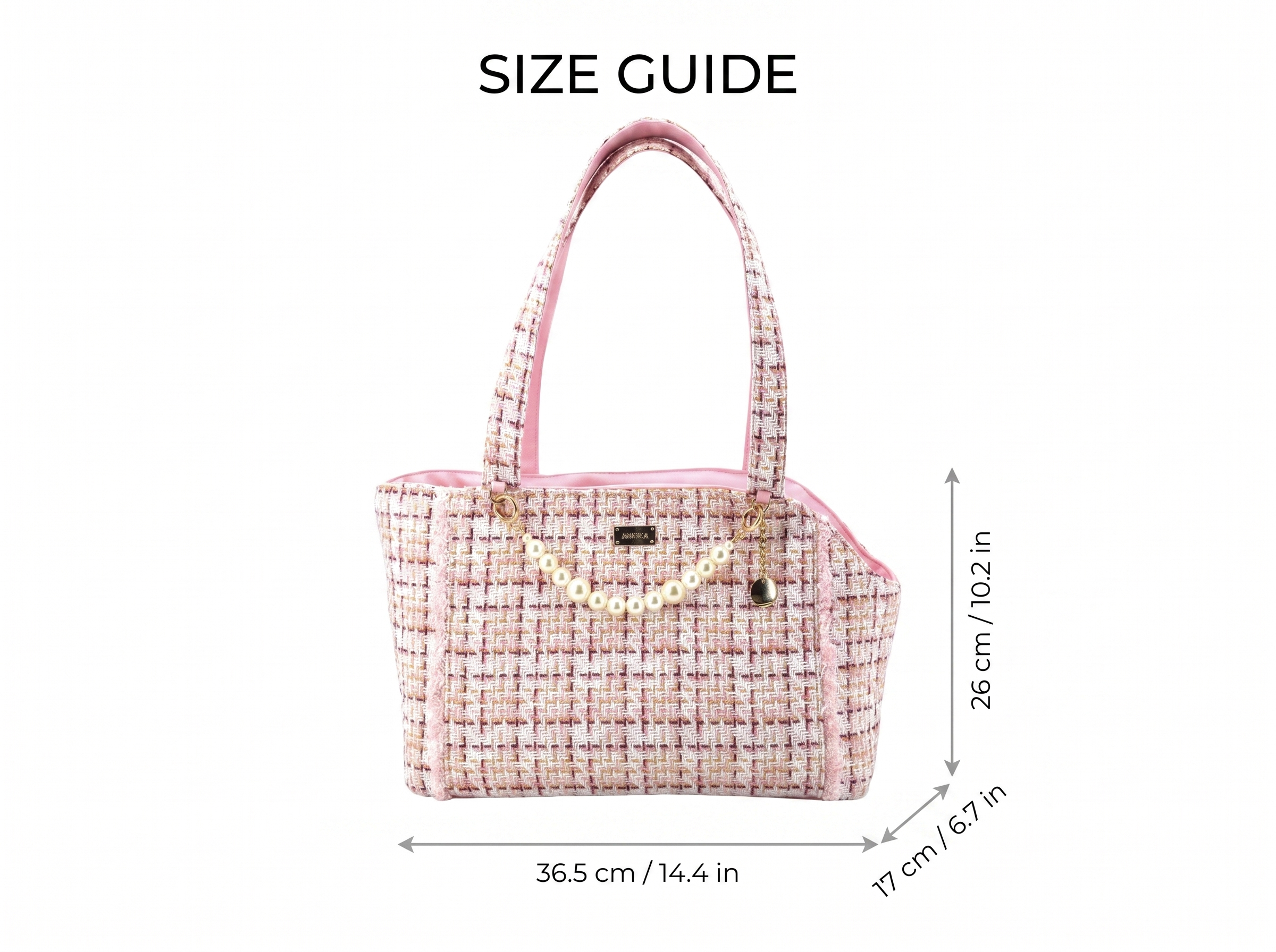 Coquette cat carrier tote size guide 36.5 x 17 x 26 cm