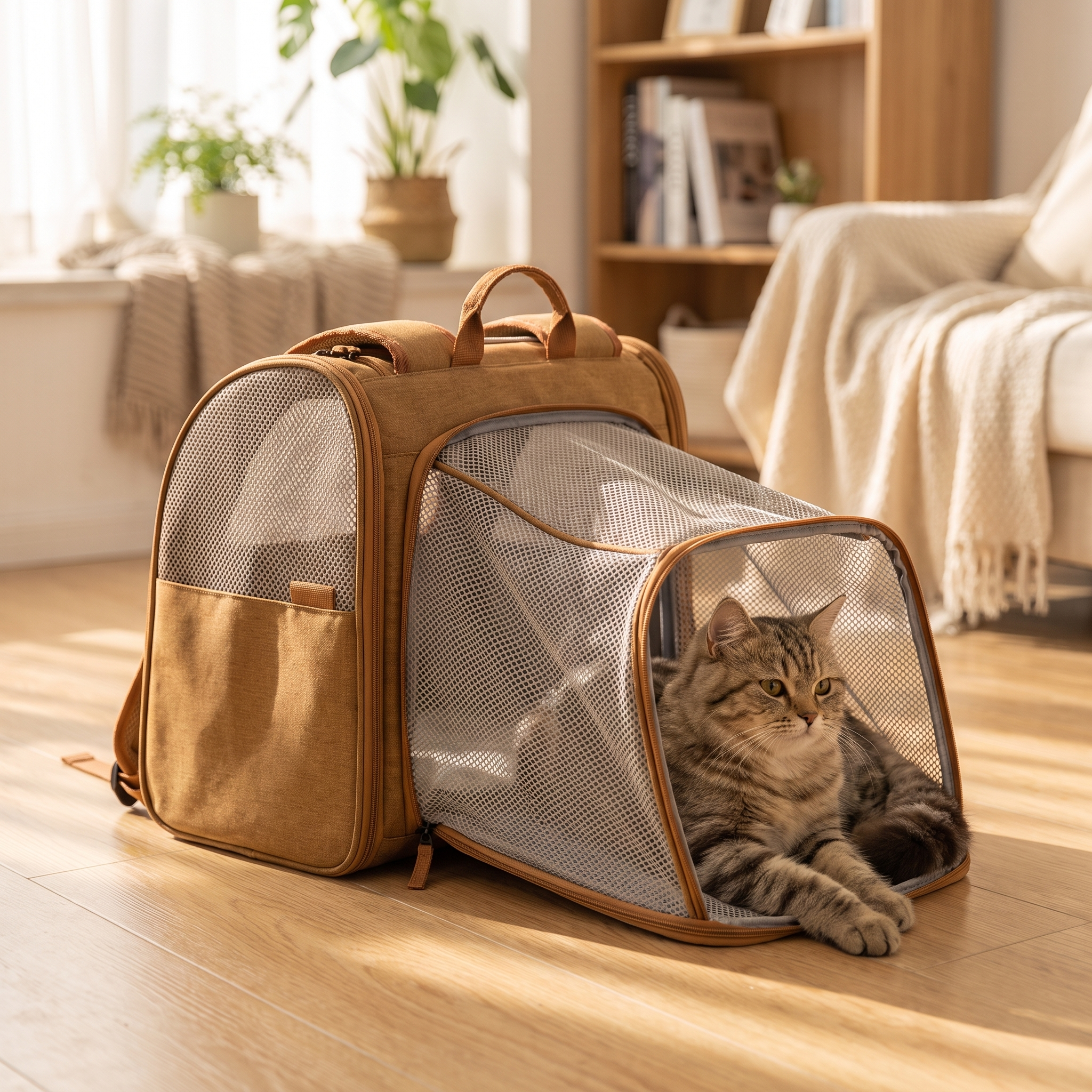 Horizon cat backpack with the expansion pod zipped open and a cat relaxing inside