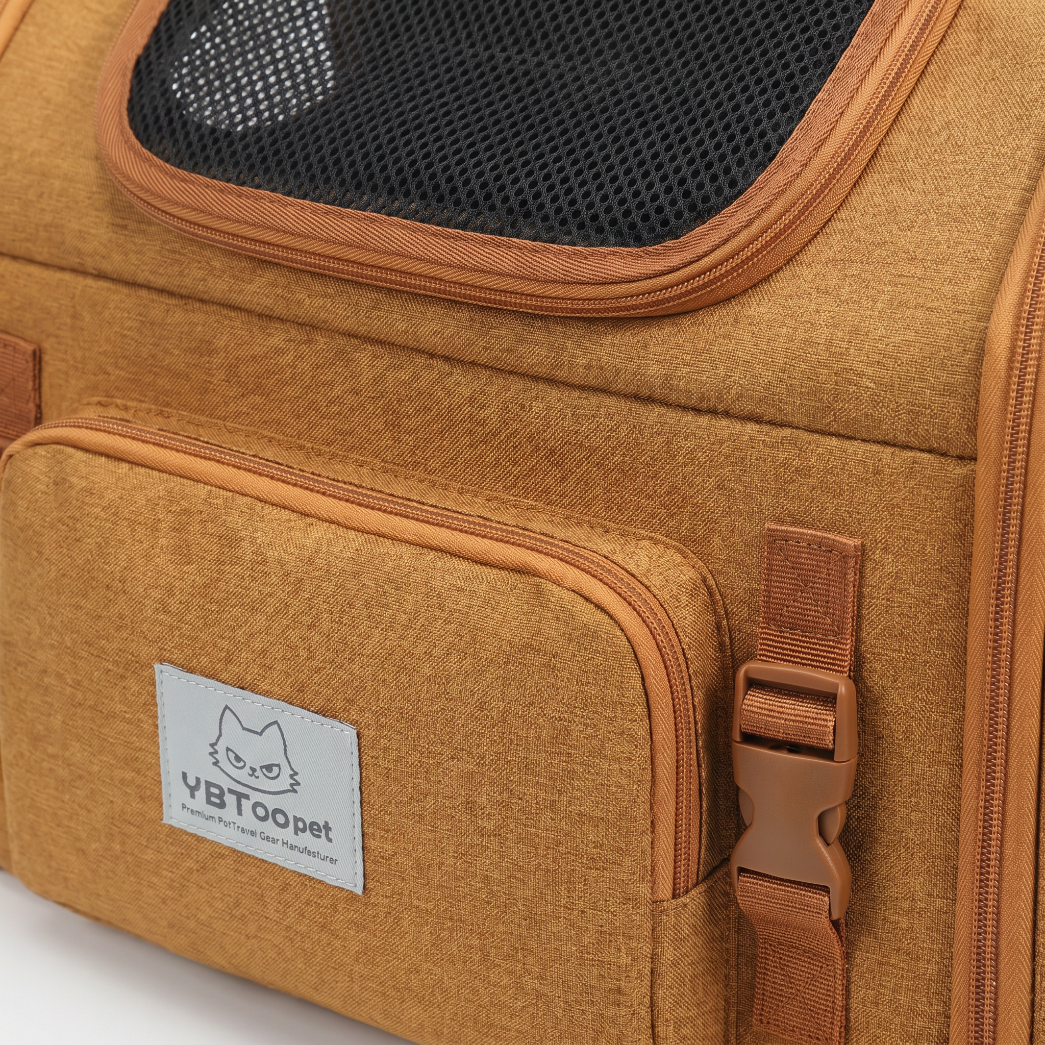 Detail of the breathable mesh window, front pocket and buckle on the Horizon cat backpack