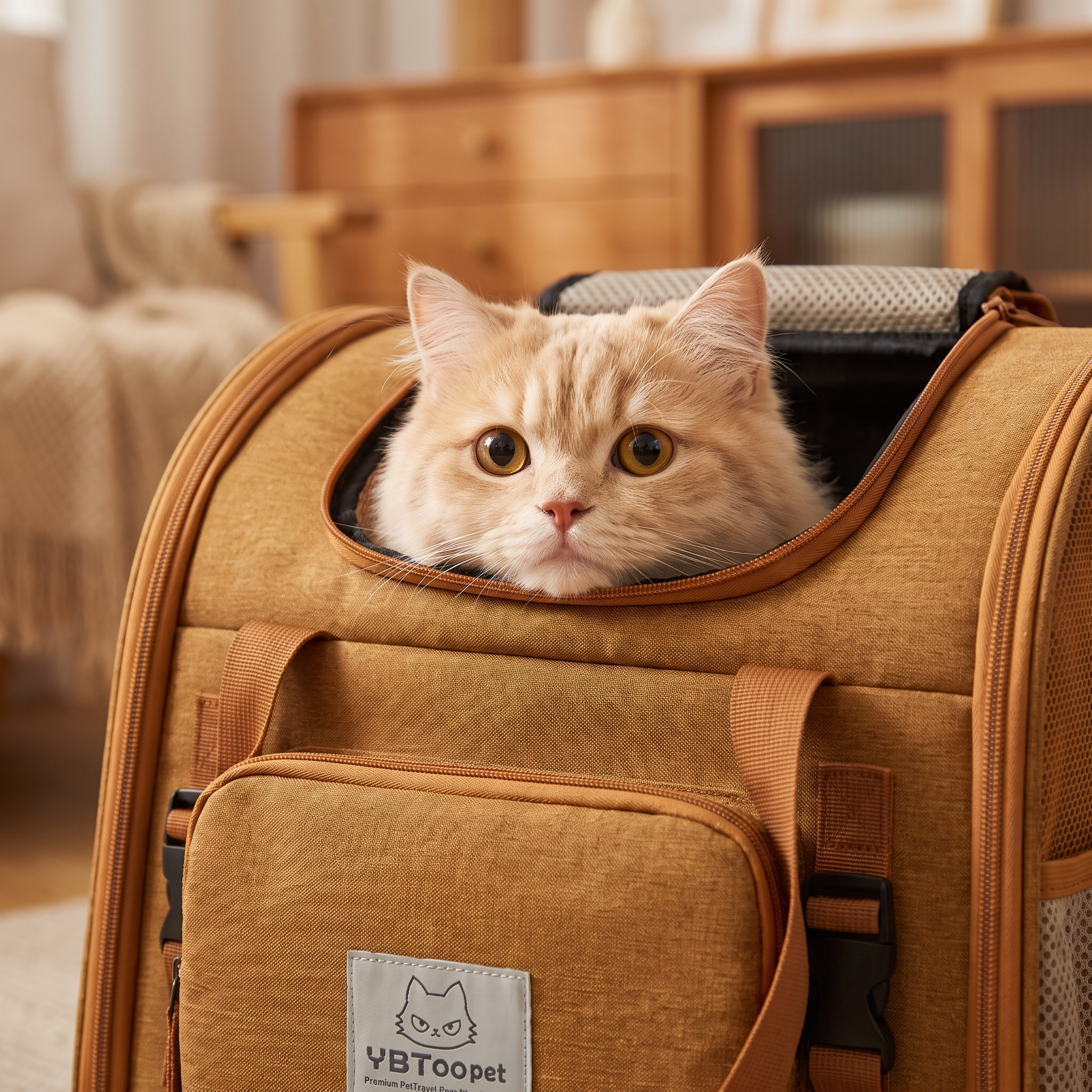 Cat peeking out the top opening of the khaki Horizon cat backpack carrier