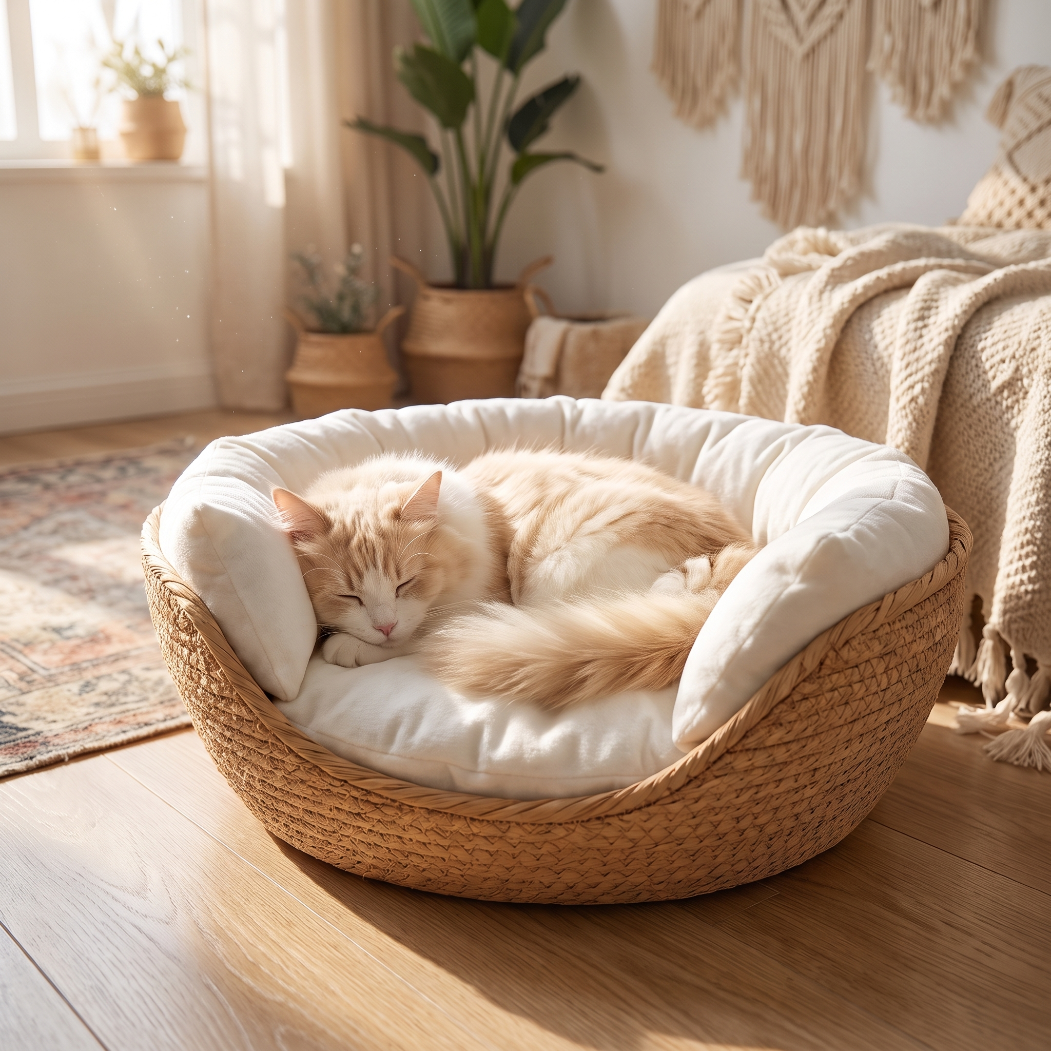 Cat curled asleep in the Hazel woven cat bed with draped cushion in a boho room