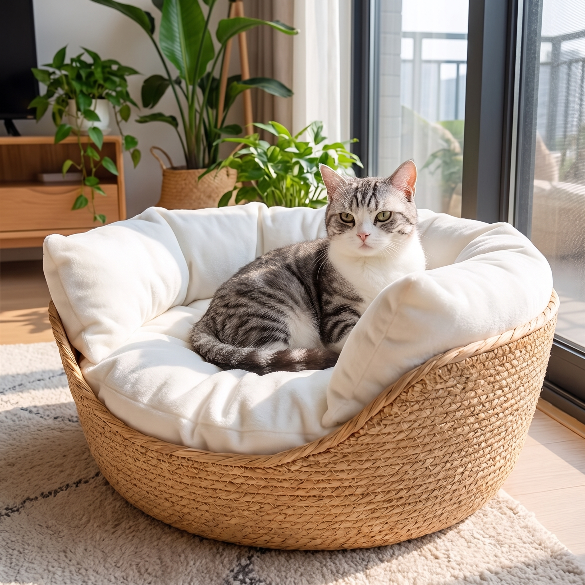 Cat sitting in the Hazel woven cat bed in a sunlit living room