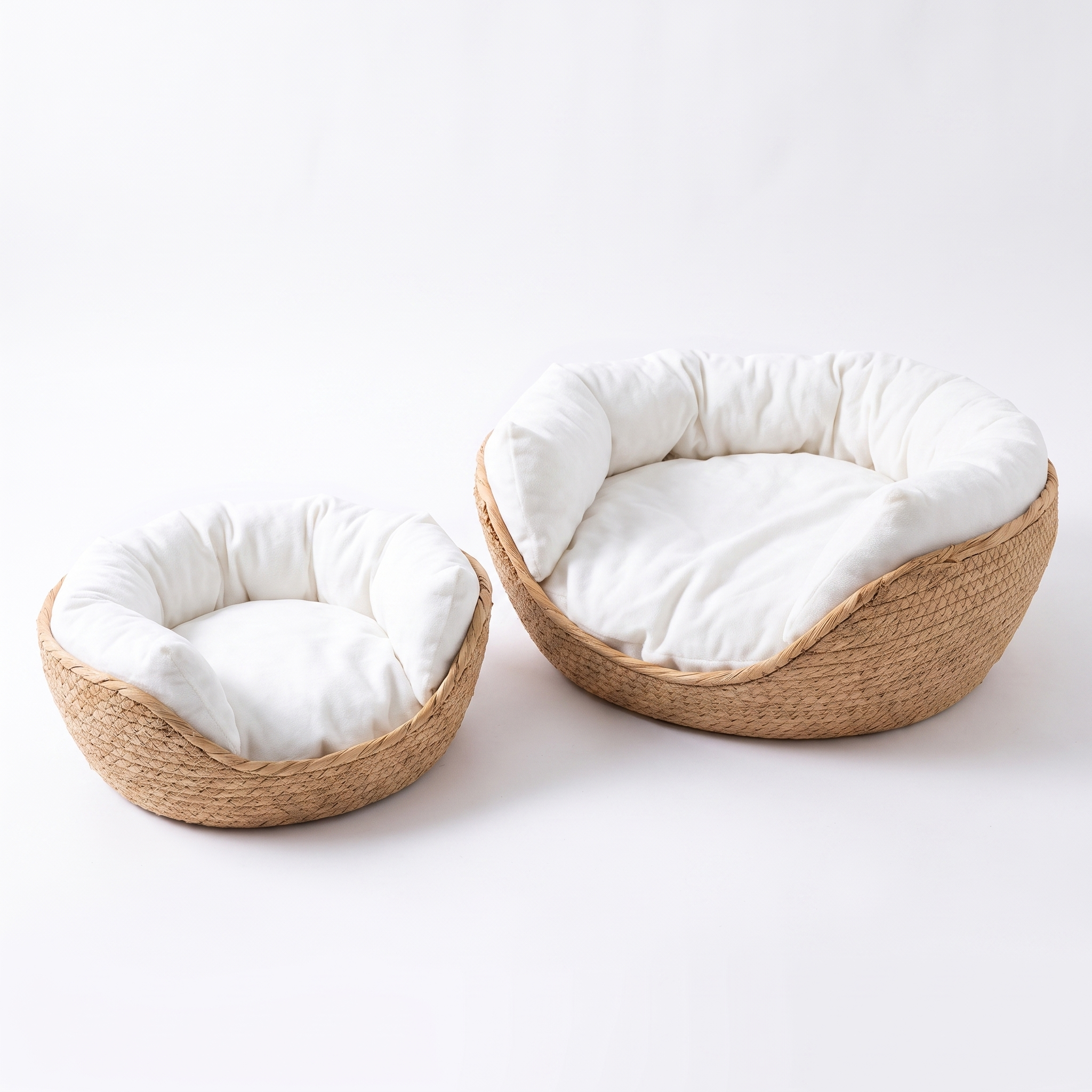 Hazel woven cat bed shown in two sizes small and large