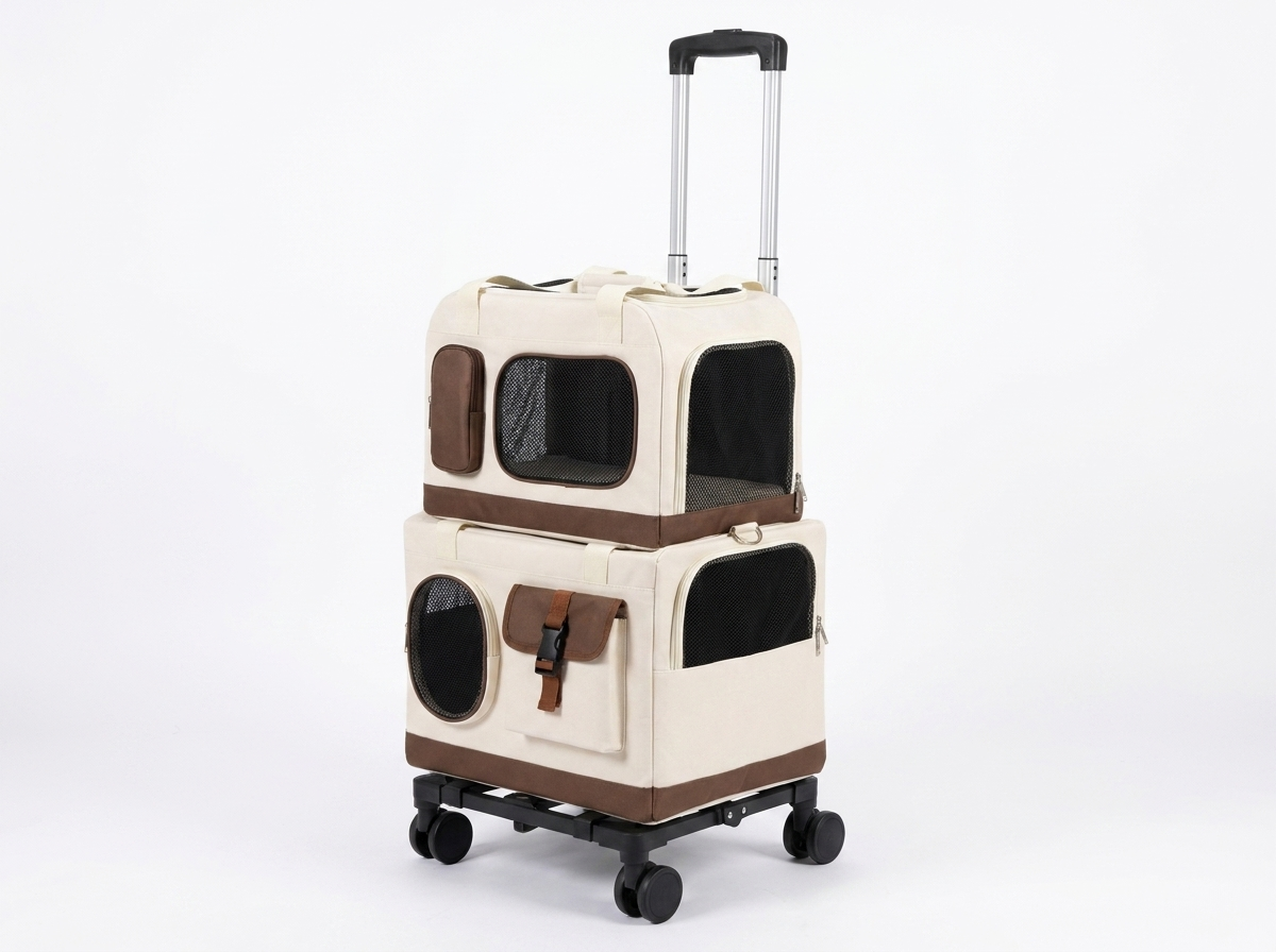 Caravan double-decker rolling cat carrier fully assembled on the wheeled trolley base