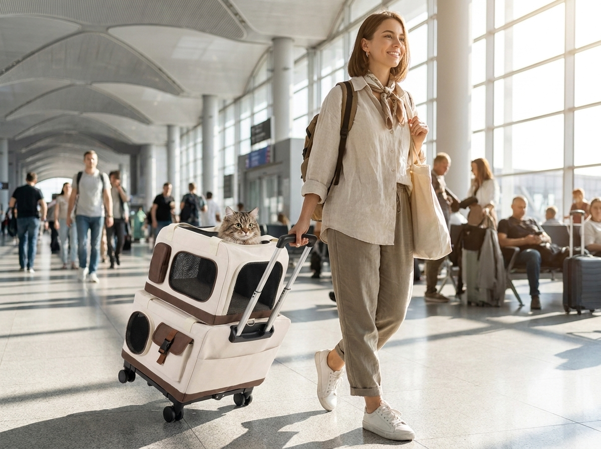 Woman pulling the Caravan double-decker rolling cat carrier through an airport, cat peeking from the mesh window