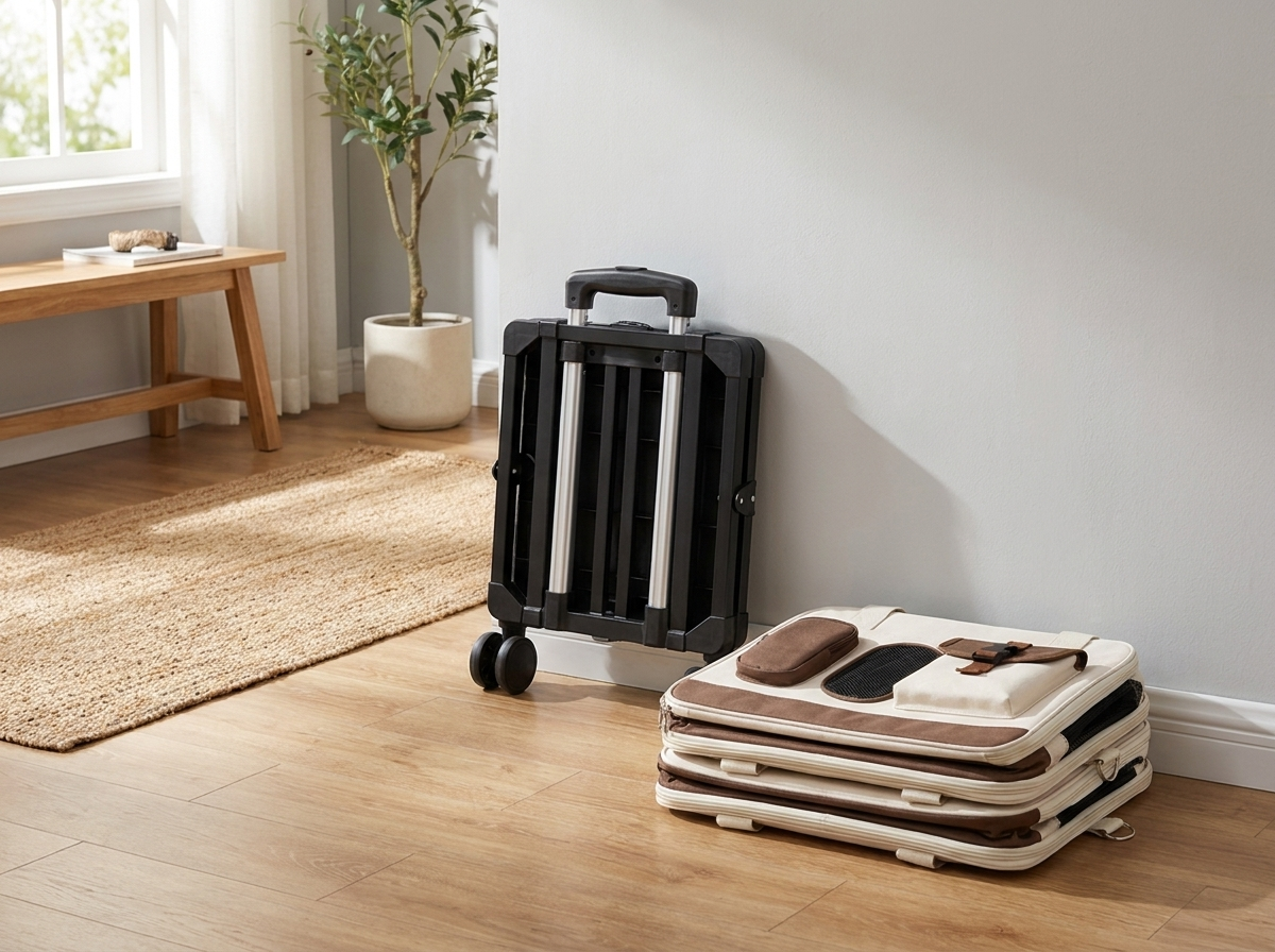 Caravan trolley folded flat with the two carrier bags collapsed for compact storage