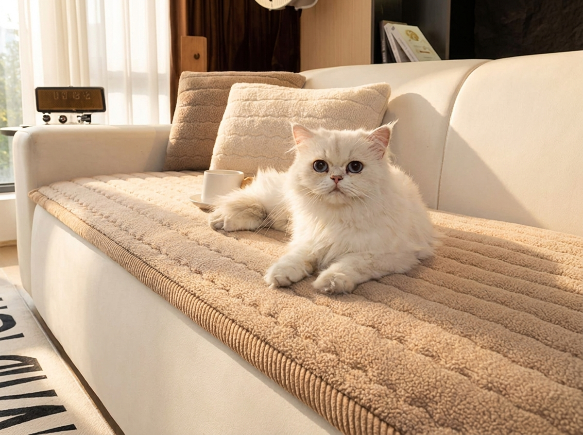 Cat lounging contentedly on the Dune sherpa-fleece sofa cover in a sunlit room