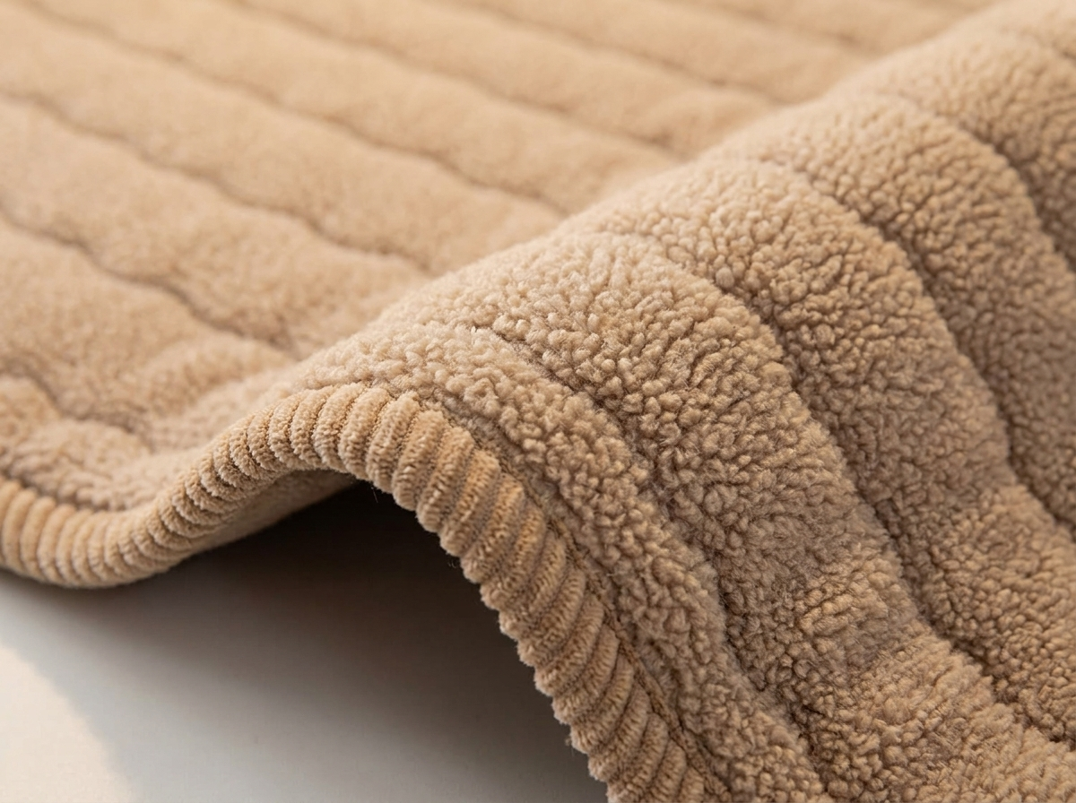 Macro detail of the Dune cover: soft sherpa fleece, quilted channel stitching and ribbed corduroy edge