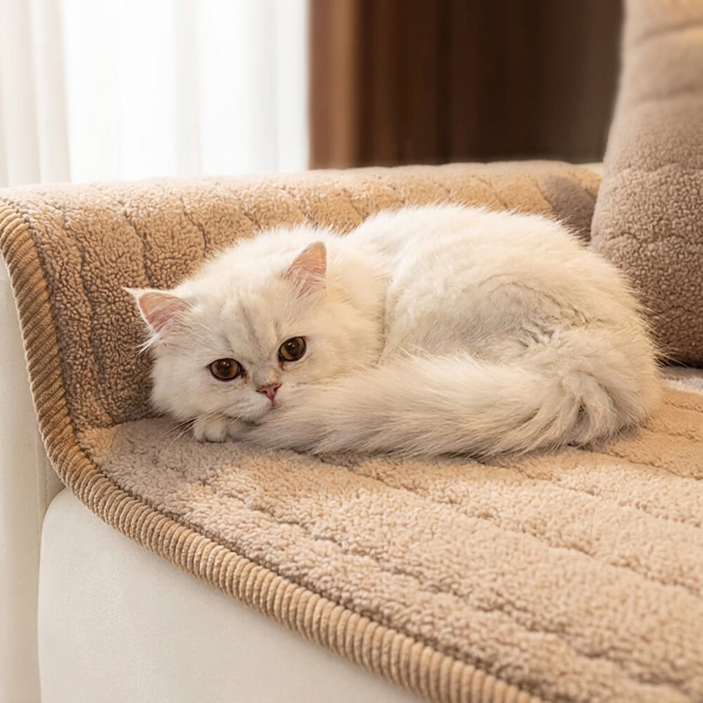 Cat curled up cozy on the Dune plush sofa cover