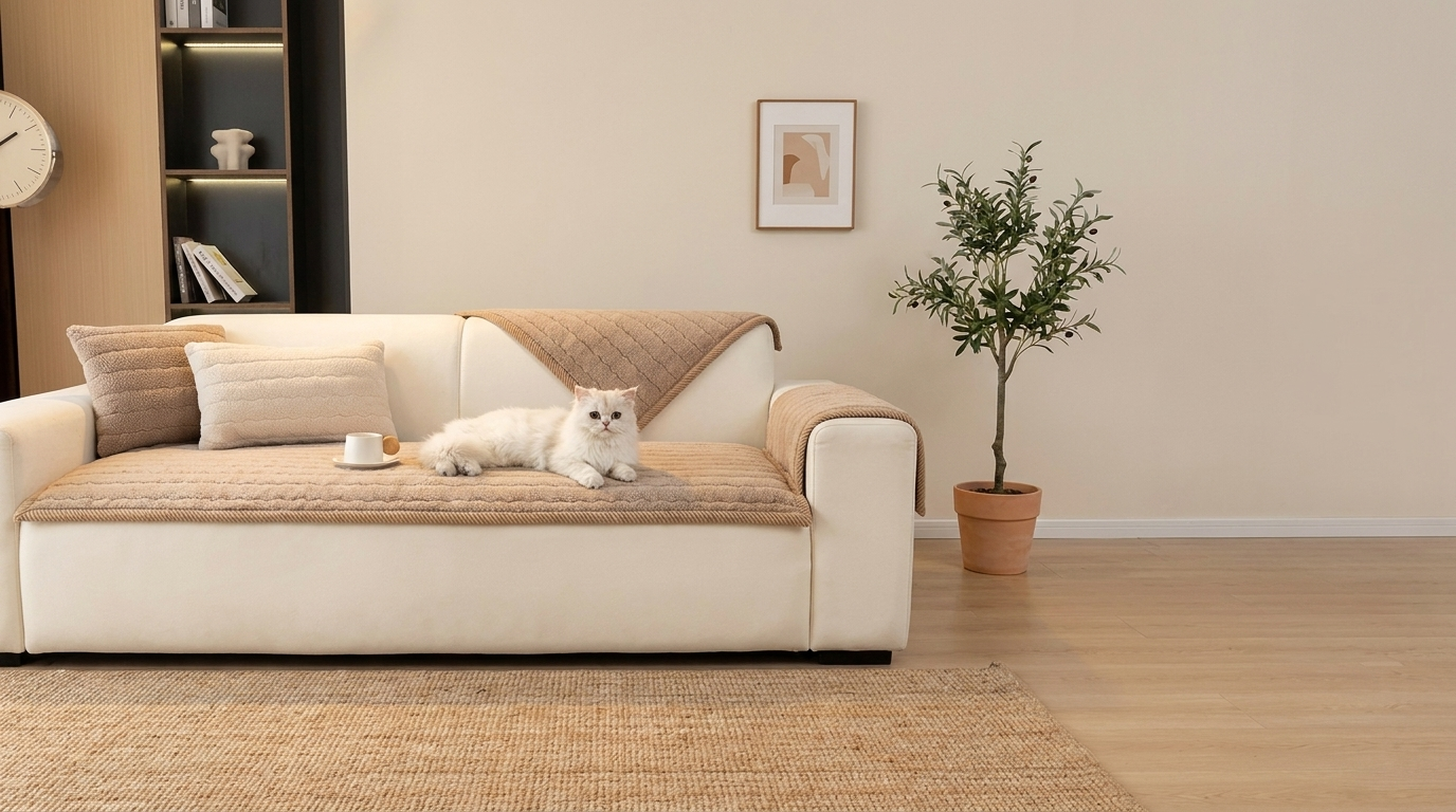 Dune plush sofa cover with a cat resting, in a bright elegant living room