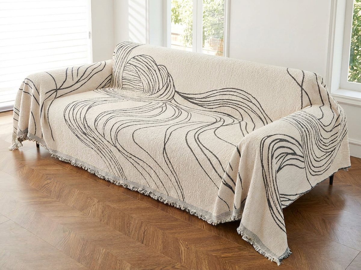Cream chenille couch cover with charcoal Wave pattern draped over a sofa