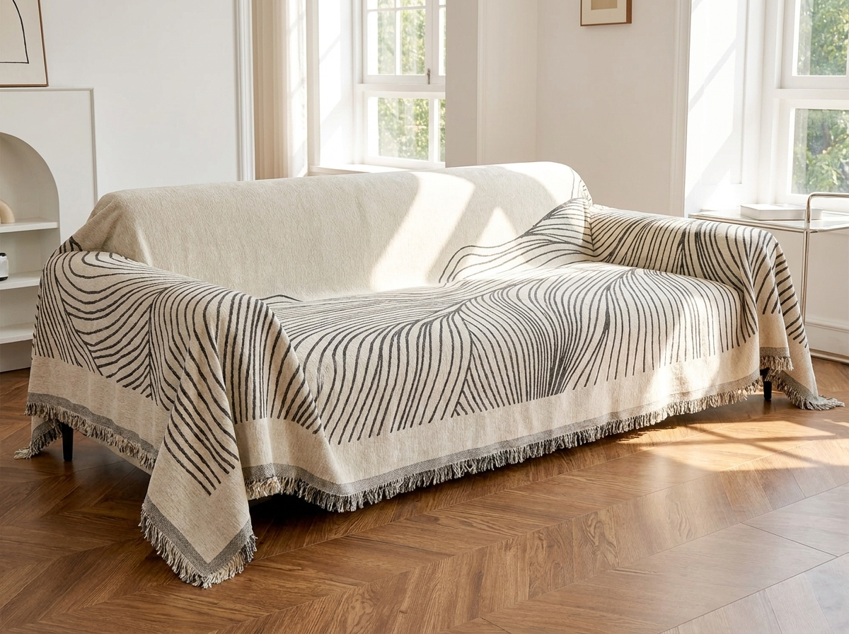 Cream chenille couch cover with charcoal Line pattern draped over a sofa