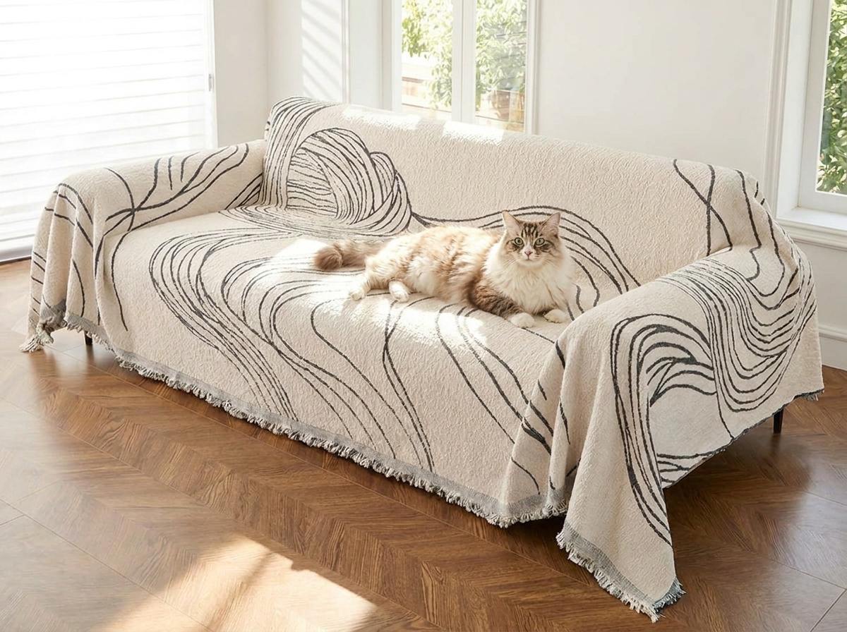 Cat lounging on the cream chenille wave couch cover on a modern sofa