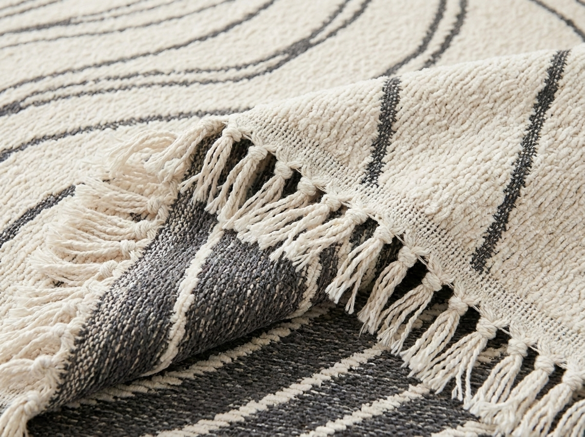 Macro of the chenille couch cover showing the reversible cream and charcoal sides and tasseled fringe