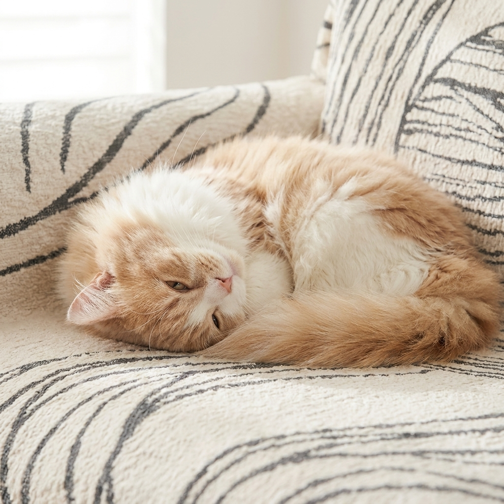 Ginger cat curled up cozy on the cream chenille couch cover