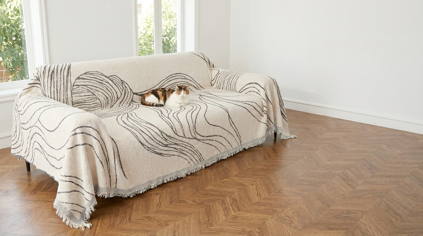 Cream chenille couch cover with a cat in a bright living room