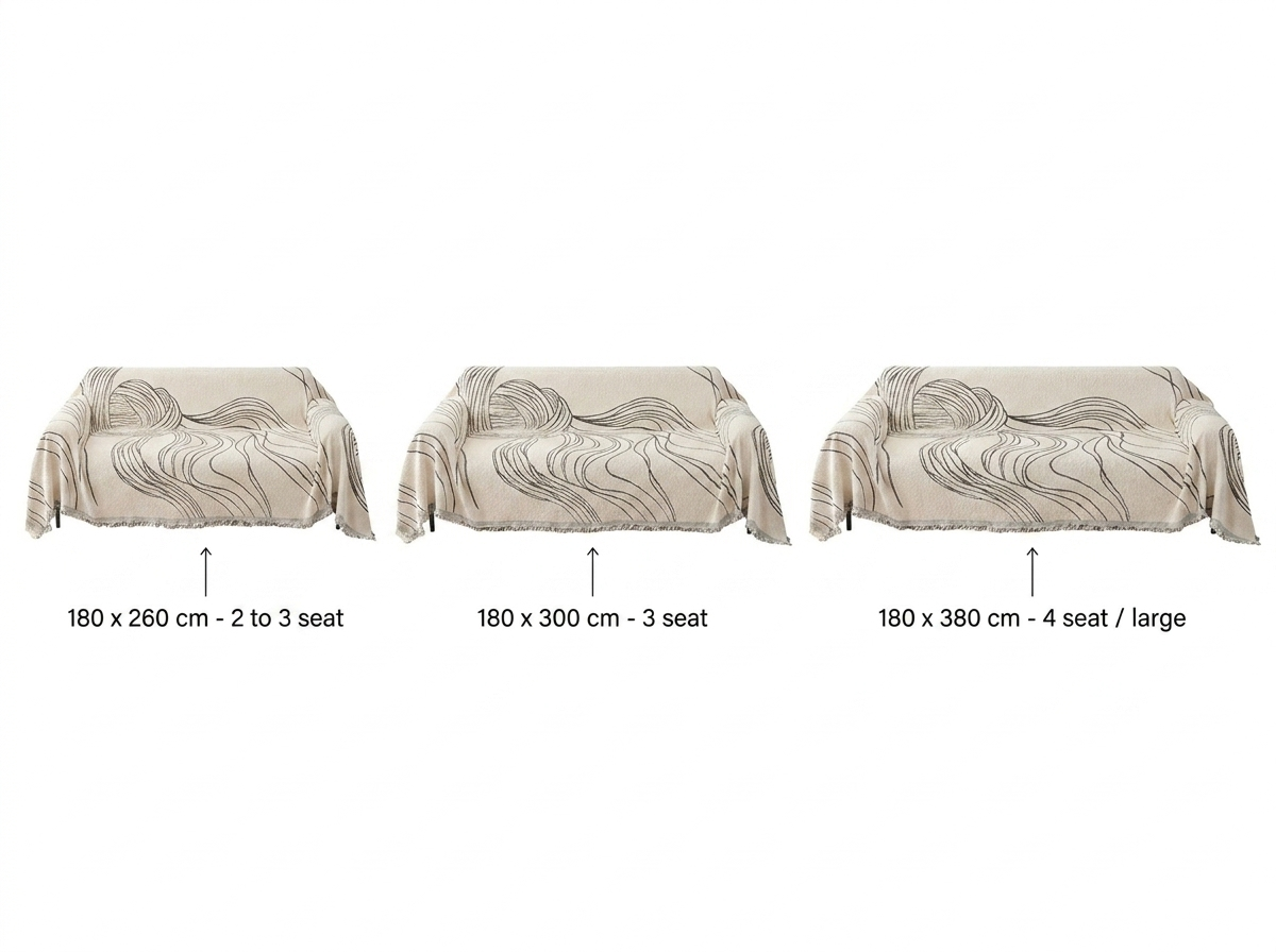Couch cover size guide: 180x260, 180x300 and 180x380 cm for 2-4 seat sofas