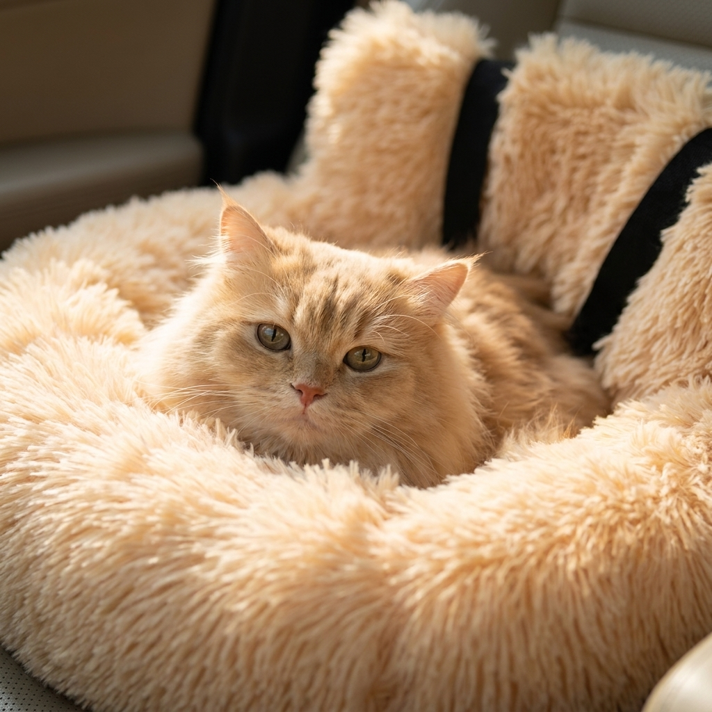 Fluffy cat nestled cozy inside the apricot Rove plush cat car-seat bed