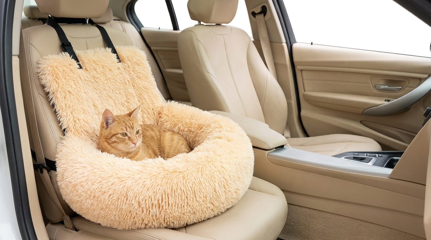 Apricot Rove cat car-seat bed with a cat in a bright car interior