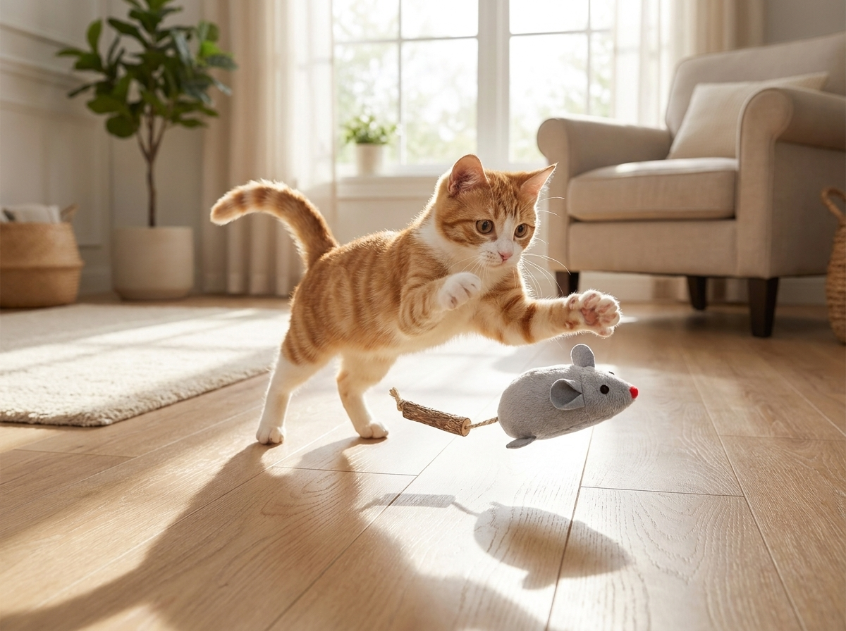 Ginger kitten pouncing on a Scurry grey plush squeaky mouse cat toy