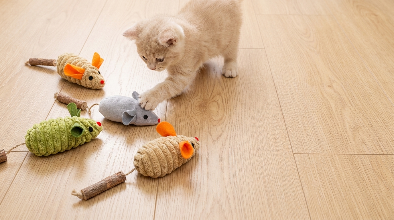 Kitten playing with the three Scurry mice cat toys on a wood floor