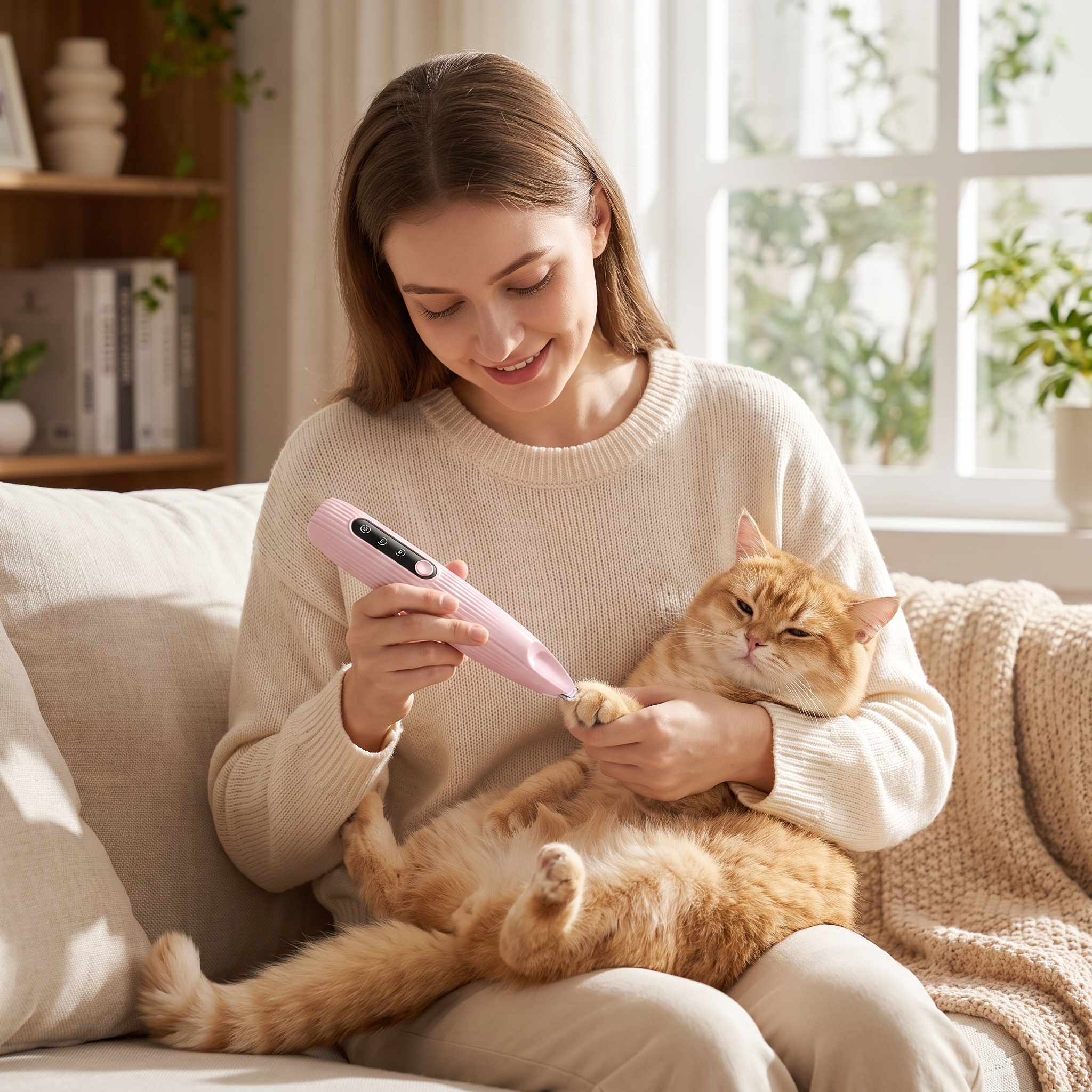 Woman gently trimming a calm cat's paw with the Glint pink trimmer on a sofa