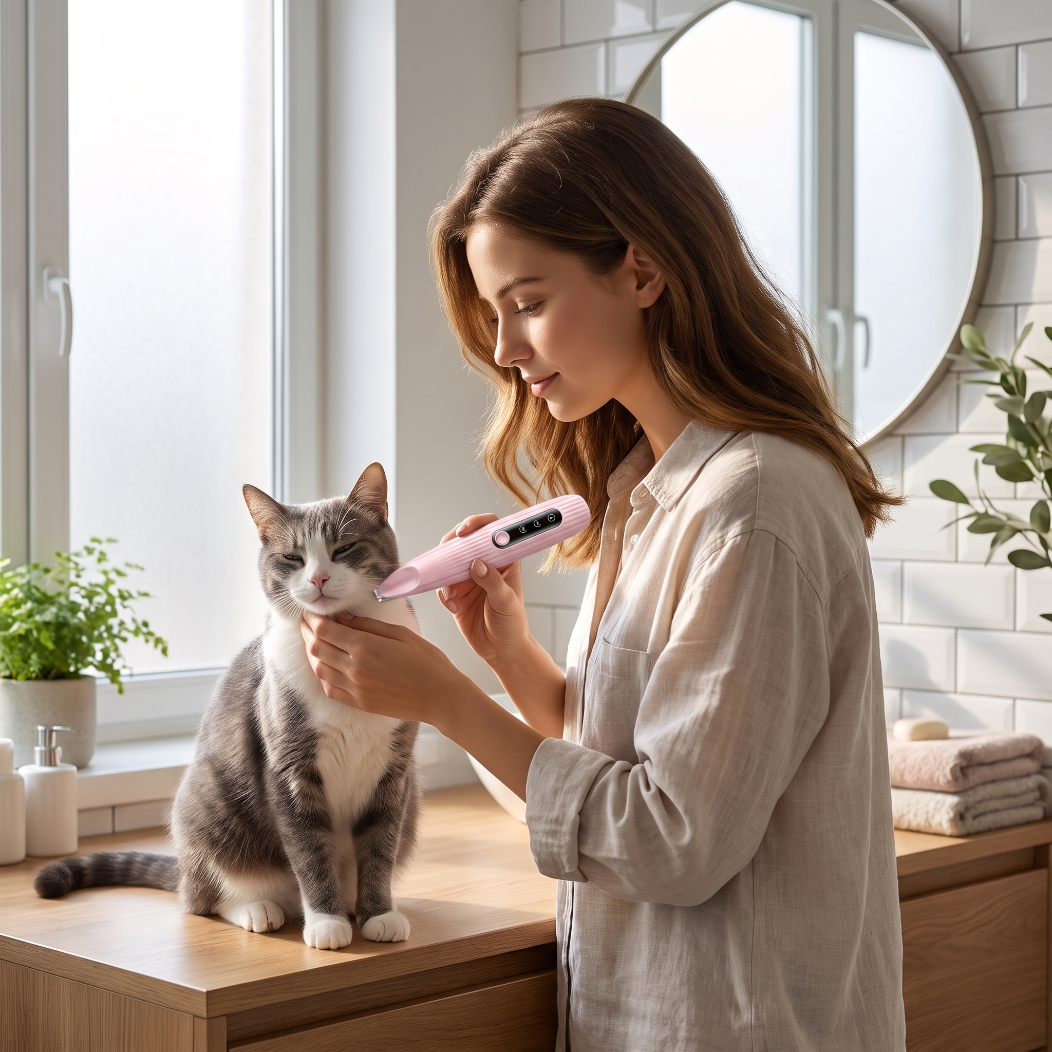 Woman trimming a calm cat's cheek fur with the Glint trimmer in a bright bathroom
