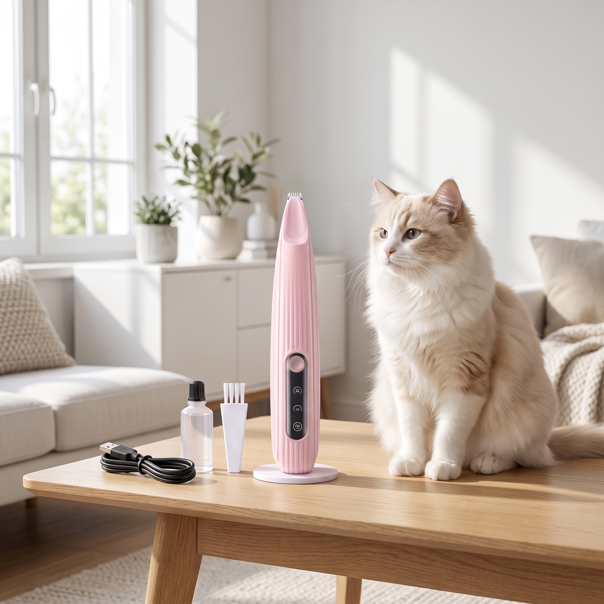 The complete Glint cat trimmer kit on a table with a calm cat beside it