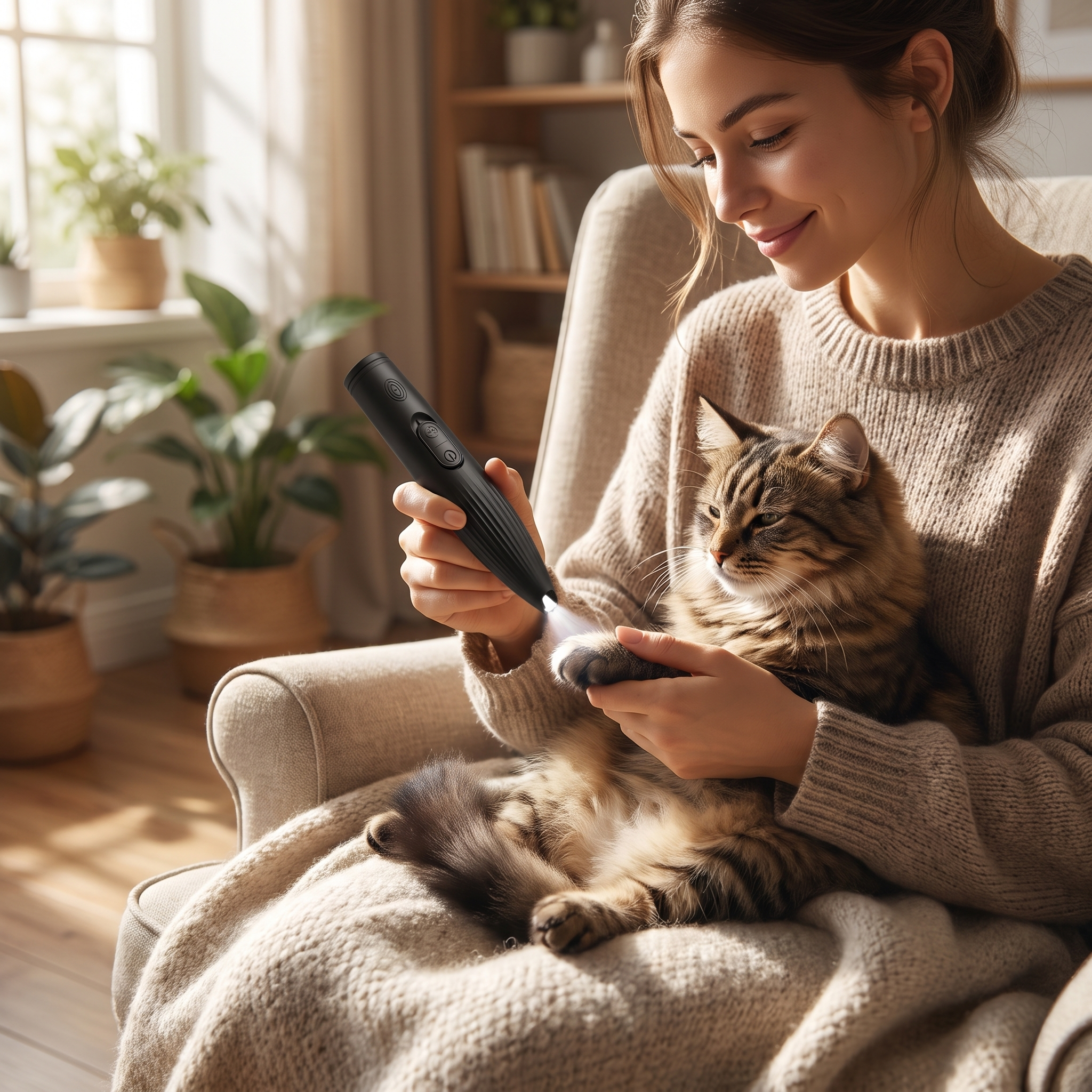 Woman grooming a calm tabby cat's paw with the Glide LED detail trimmer
