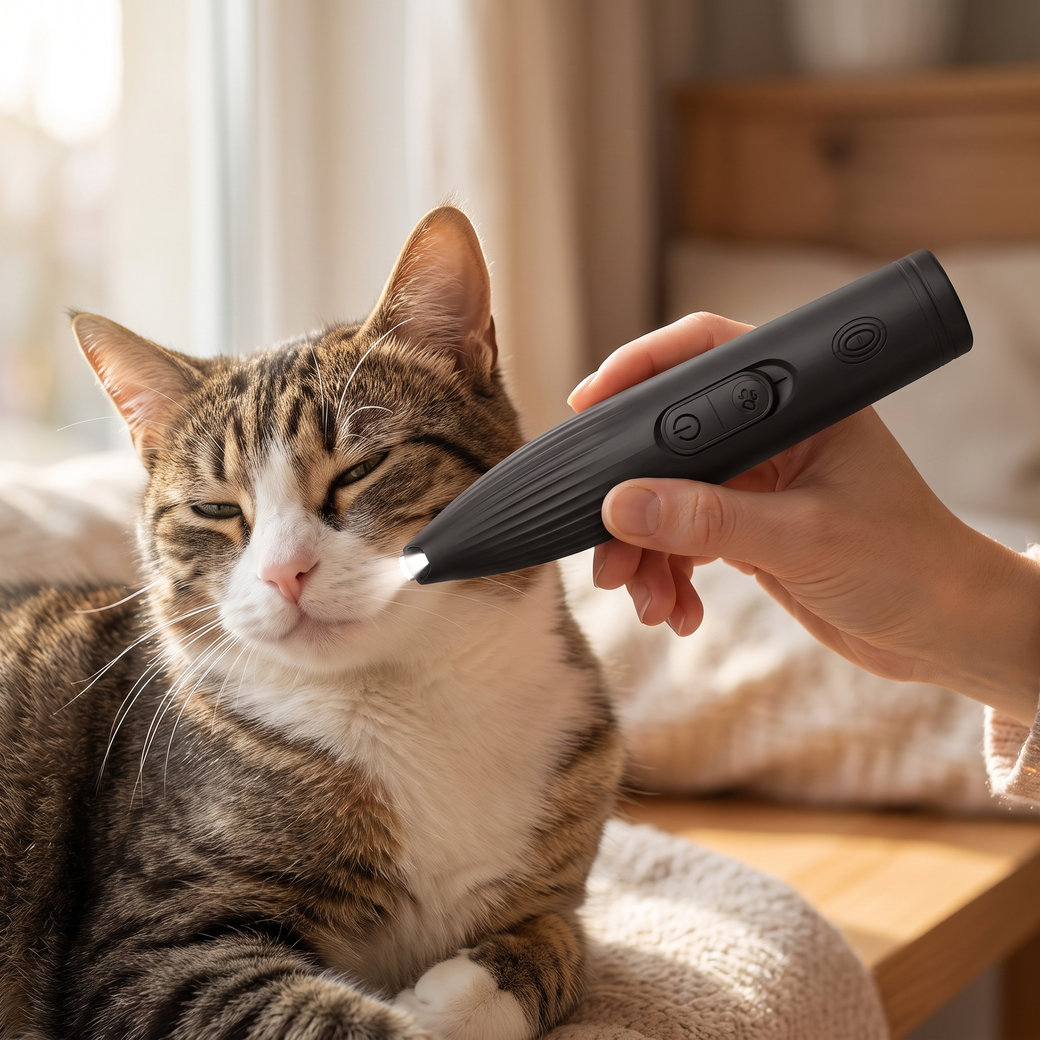 Close-up of the Glide LED trimmer neatening a calm cat's cheek fur