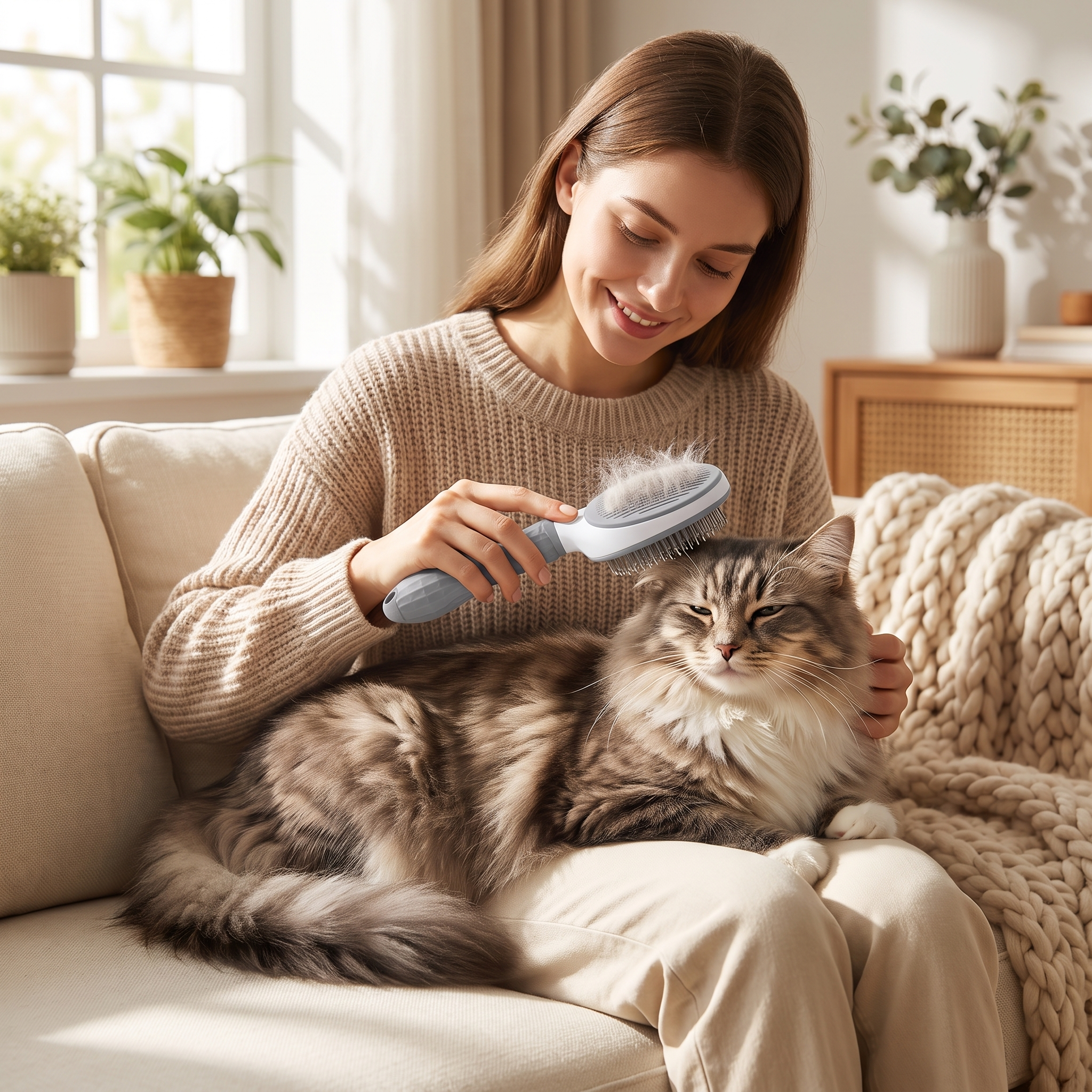 Woman brushing a calm long-haired cat with the Sleek gray self-cleaning slicker brush