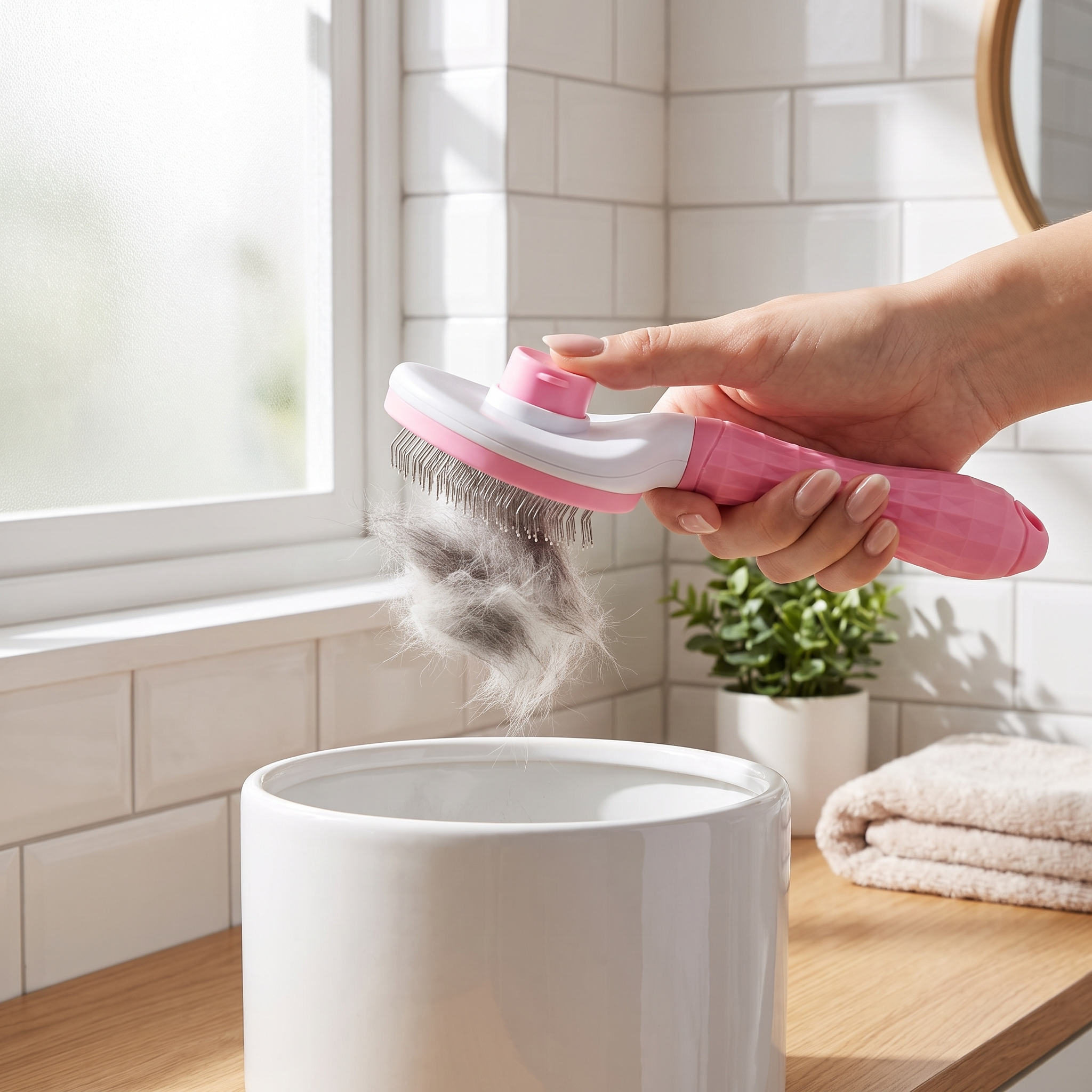 One-press self-cleaning: fur releasing from the Sleek pink brush into a bin